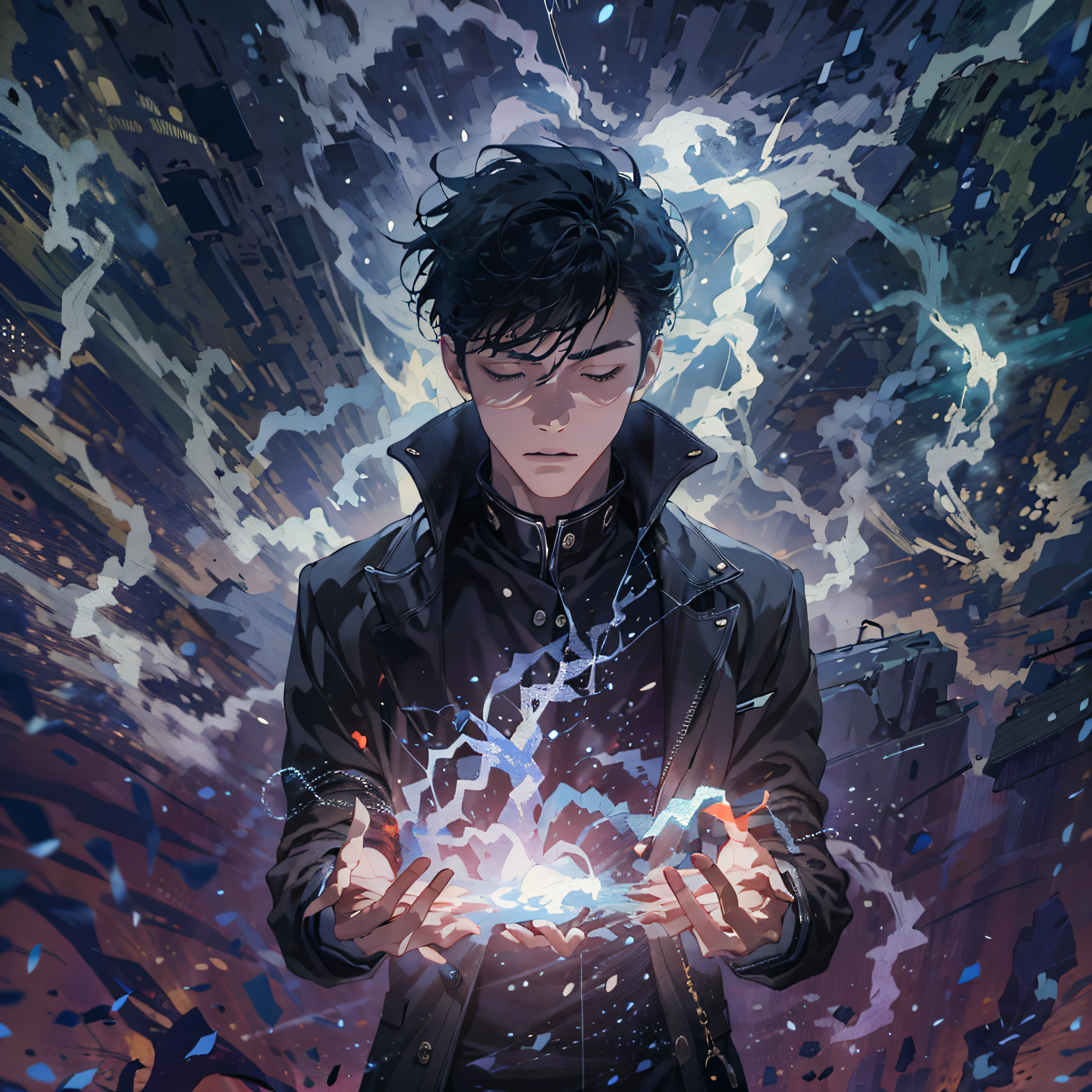 (Absurd, High Resolution), 16k, (Panorama), young man, Closed Eyes, Open Hands, Short Hair, Black Hair, Black Coat, White Underwear, Extreme Detail, Lightning, Magic, Magic Array, Exaggerated Light, Shine, Magic, Floating, Dusk,
