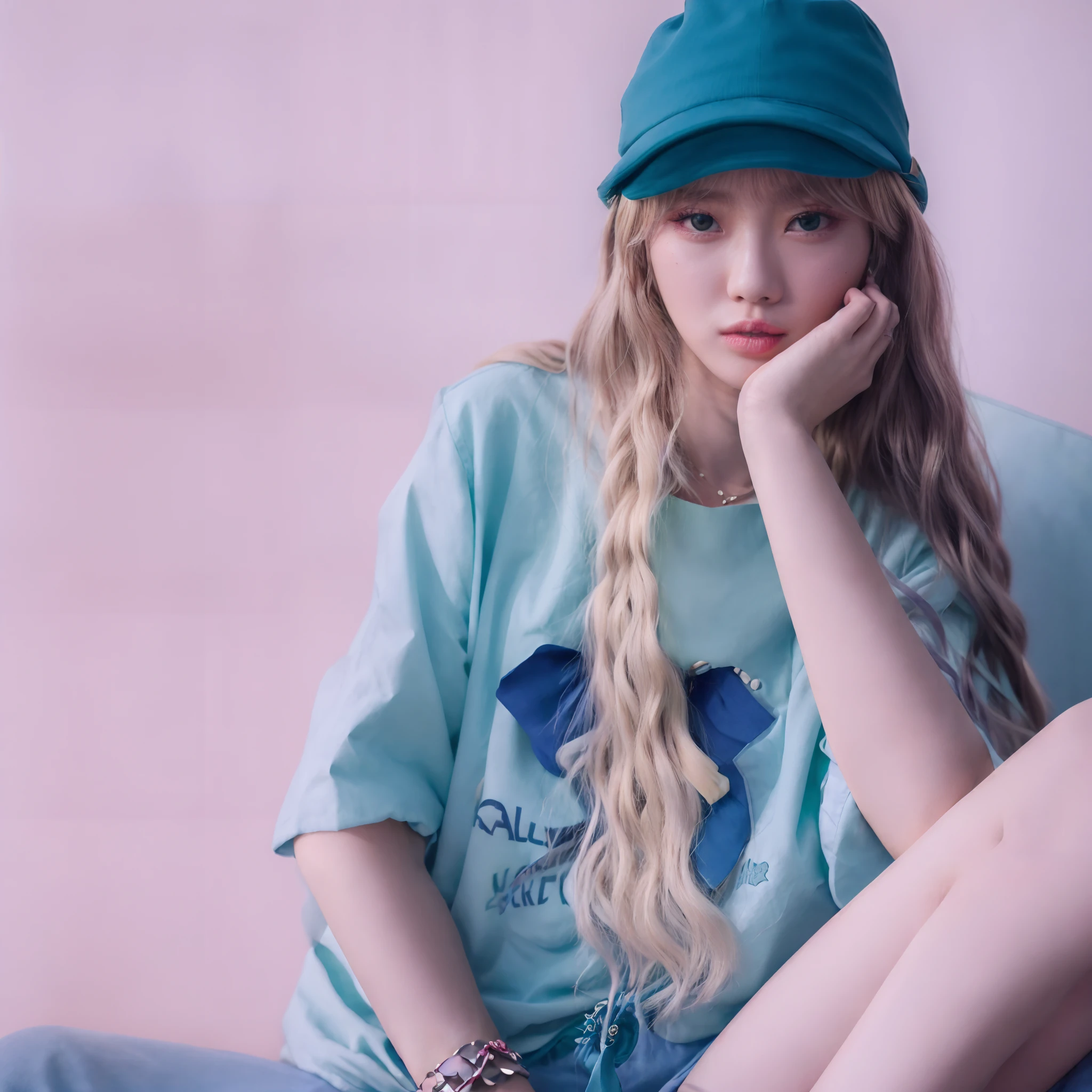 araffe girl with long blonde hair wearing a blue hat and a green shirt, roseanne park of blackpink, lalisa manoban of blackpink, lalisa manobal, with teal clothes, portrait of jossi of blackpink, sun yunjoo, ulzzang, lofi portrait, jossi of blackpink, lofi girl, she is wearing streetwear