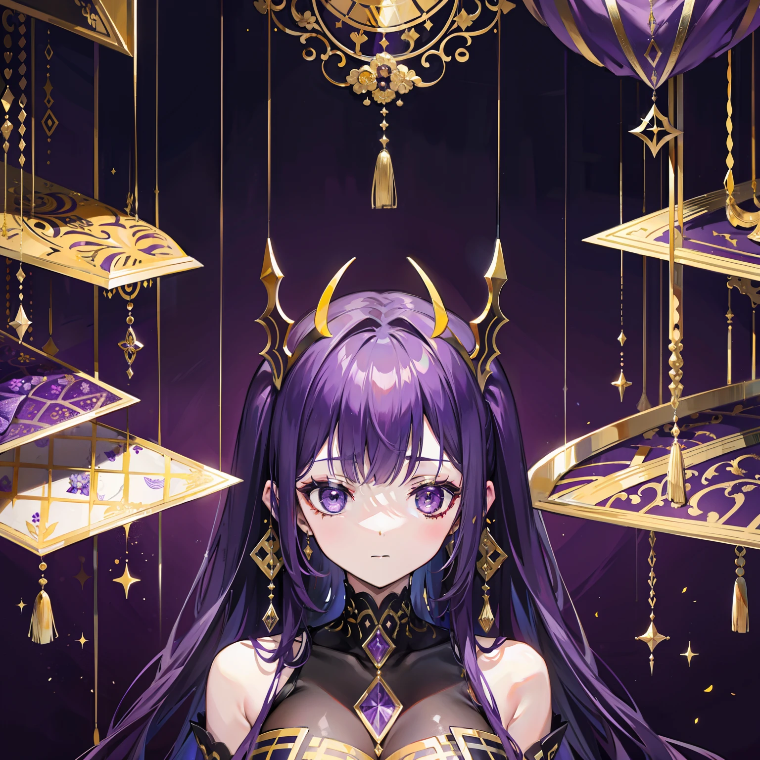 On a very heavy purple gold wall, Masks of various sizes are hanging,There are different moods and color combinations，This is a wall of life