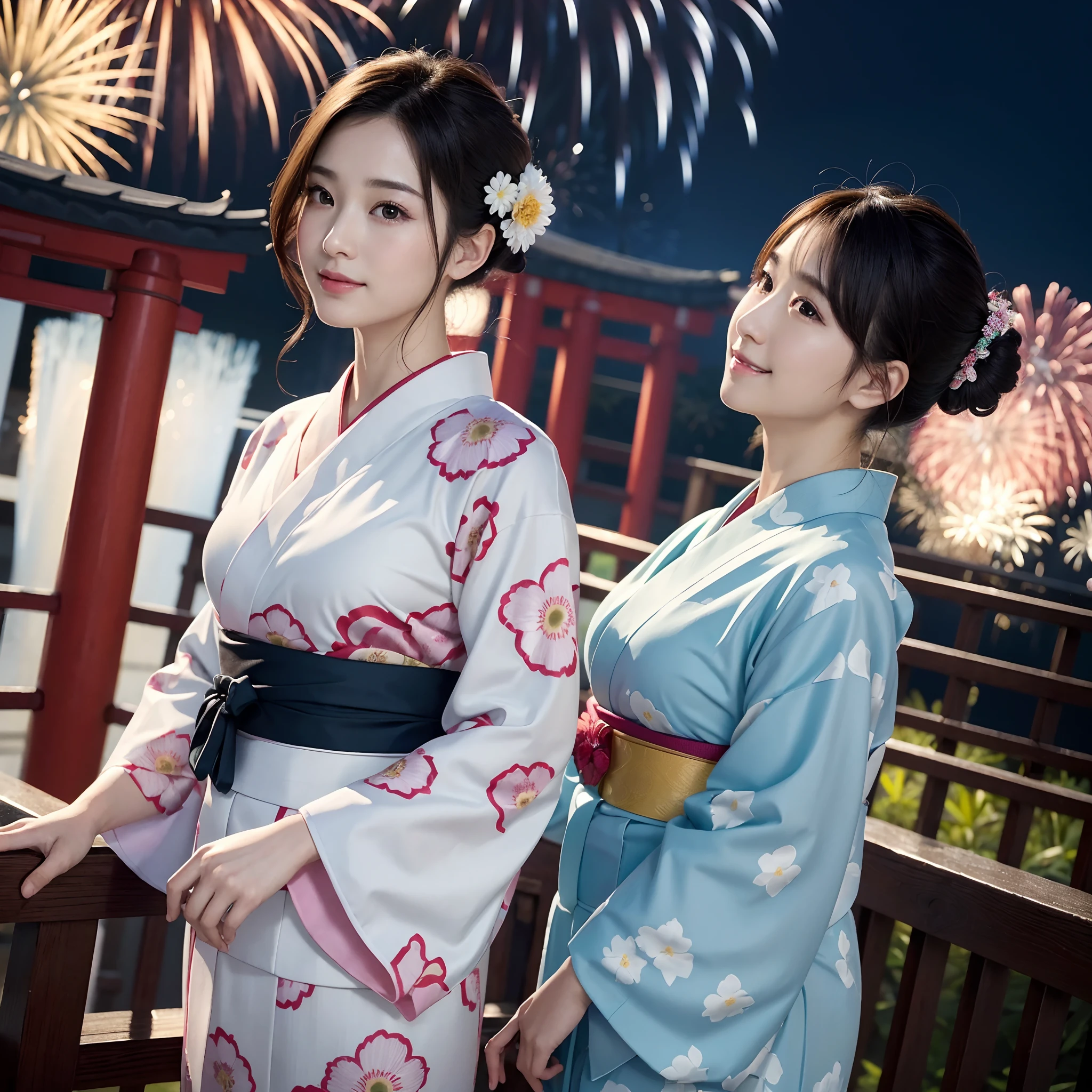 (in 8K、RAW Photos、top-quality、masterpiece:1.2)、(realisitic、Photorealsitic:1.37)、ultra-detailliert、超A high resolution、lighting like a movie、(((Beautiful Japan woman looking up at fireworks)))、A smile、woman wearing the kimono、classy yukata clothing、Wearing a colorful yukata、Wearing a kimono、japanese kimono、wearing a haori、Yukata with morning glory pattern、Have a fan、dynamic ungle、动态照明