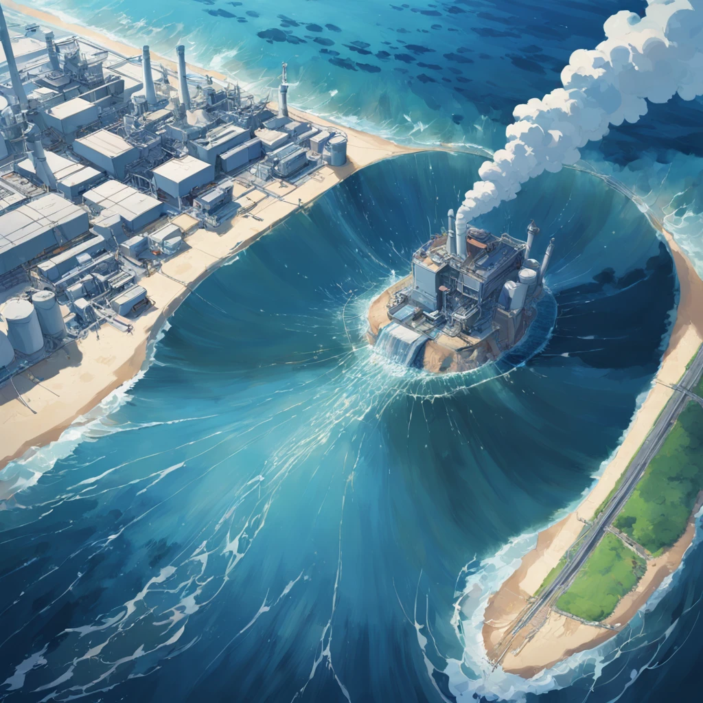 Depicting the appearance of the Fukushima nuclear power plant, Displays the drain，Dumping contaminated water into the ocean. Emphasize the contrast between nuclear power plants and the vast sea