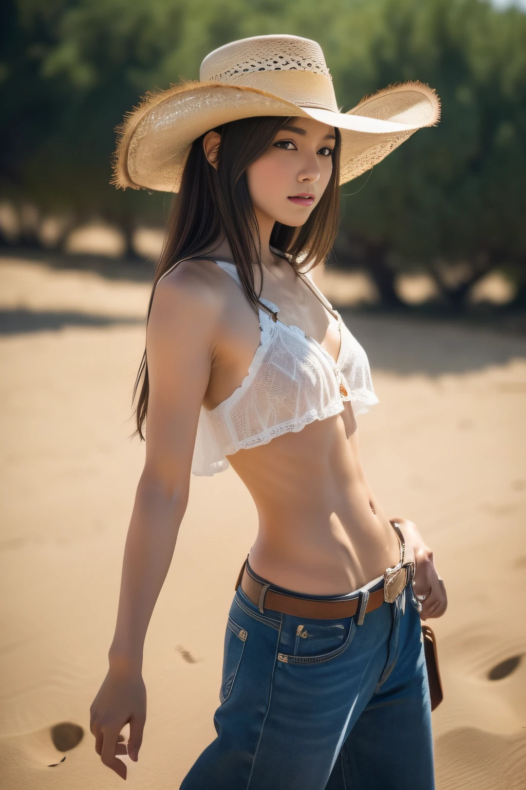 (great masterpiece、high-level image quality、hightquality),((((This woman's body is so sinful)))),((Cowboy Costume,Ten-gallon hat)),(Western、gunn、Western Fashion),(Perfect body)、A Japanese Lady、20yr old、Good looks、(Man wins、Tough women),bangss、(perfect anatomia、Beautiful limbs、Healthy body)、modelshoot、(((Artistic photography、Captivate、Captivate the whole body to the maximum)))、(Beautiful limbs),Western drama、Texas、Dust、gravure、