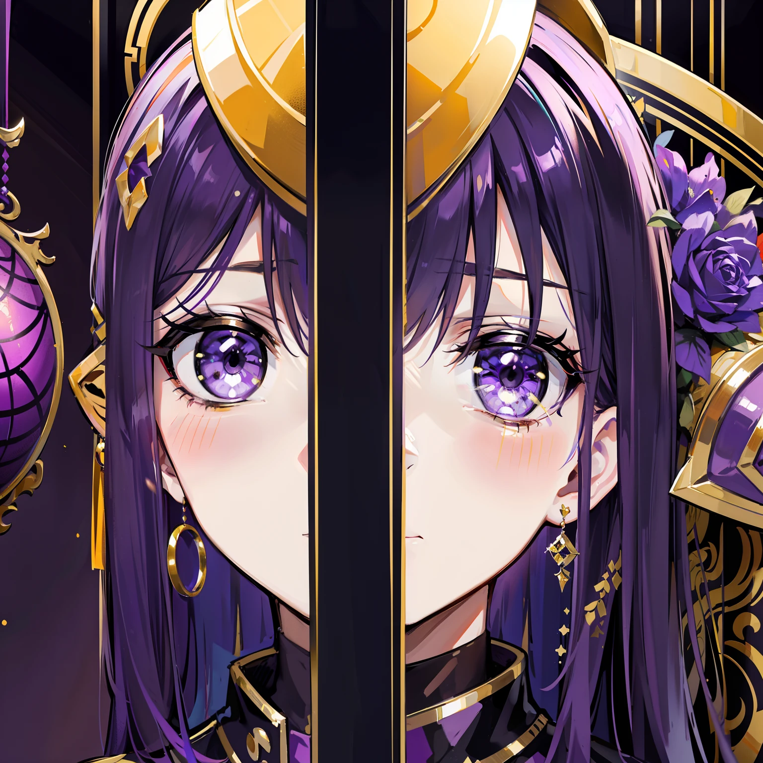 On a very heavy purple gold wall, Masks of various sizes are hanging,There are different moods and color combinations,This is a wall of life
