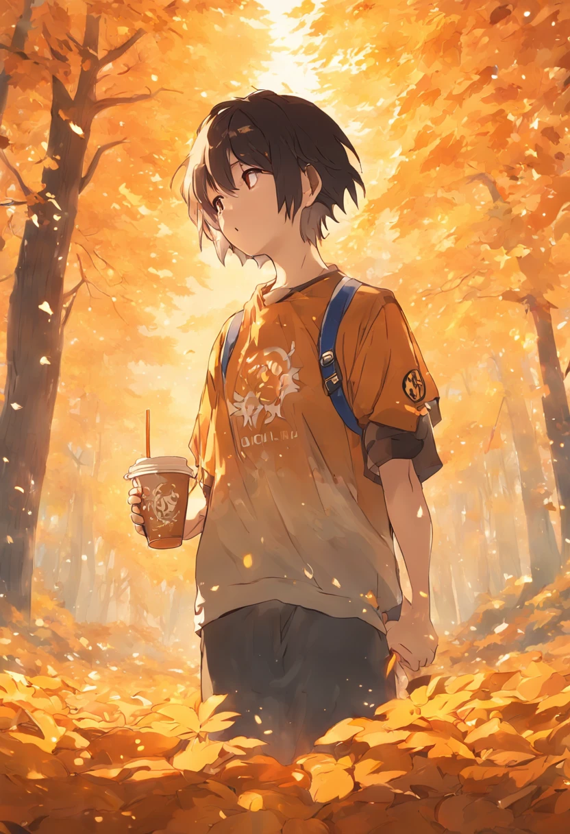 A young employee holds a cup of milk tea,Wearing a CSIG logo T-shirt,Stand in front of a forest of golden maple leaves。Sunlight shines on the ground through the leaves,Reflect the silhouette of your employees。Text description: Milk tea in autumn,Inspire unlimited energy,Grow up with CSIG's youth。