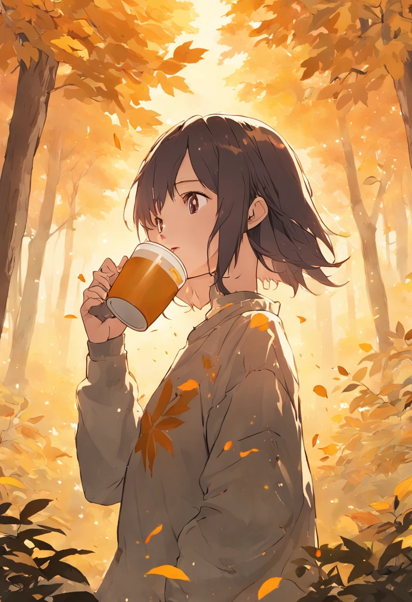 A young employee holds a cup of milk tea,Wearing a CSIG logo T-shirt,Stand in front of a forest of golden maple leaves。Sunlight shines on the ground through the leaves,Reflect the silhouette of your employees。Text description: Milk tea in autumn,Inspire unlimited energy,Grow up with CSIG's youth。