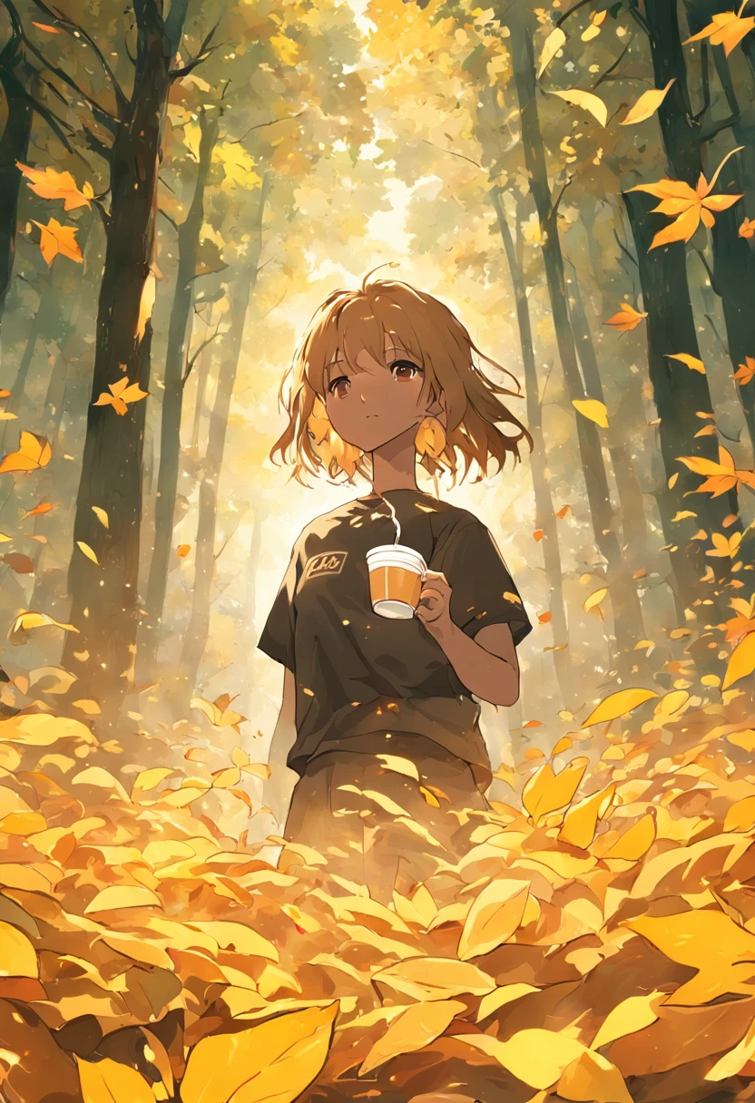 A young employee holds a cup of milk tea，Wearing a CSIG logo T-shirt，Stand in front of a forest of golden maple leaves。Sunlight shines on the ground through the leaves，Reflect the silhouette of your employees。Text description: Milk tea in autumn，Inspire unlimited energy，Grow up with CSIG's youth。