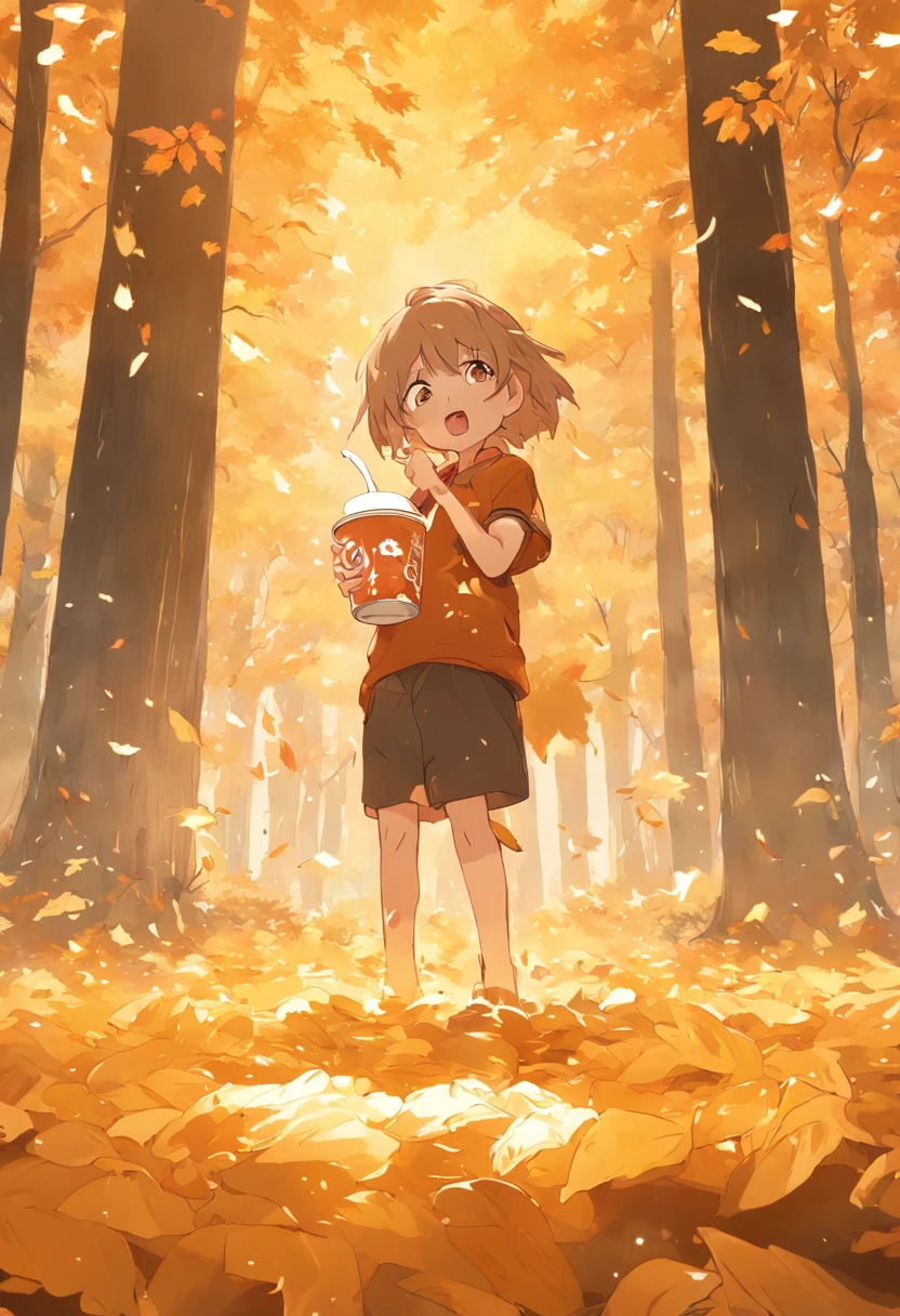 A young employee holds a cup of milk tea,Wearing a CSIG logo T-shirt,Stand in front of a forest of golden maple leaves。Sunlight shines on the ground through the leaves,Reflect the silhouette of your employees。Text description: Milk tea in autumn,Inspire unlimited energy,Grow up with CSIG's youth。