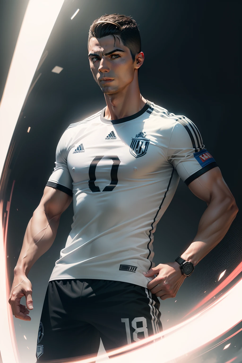 design para camiseta T-shirt, Design circular, 2d illustration of Cristiano Ronaldo, epic light, Realistic, cinematographic, Backgound escuro, preto e branco