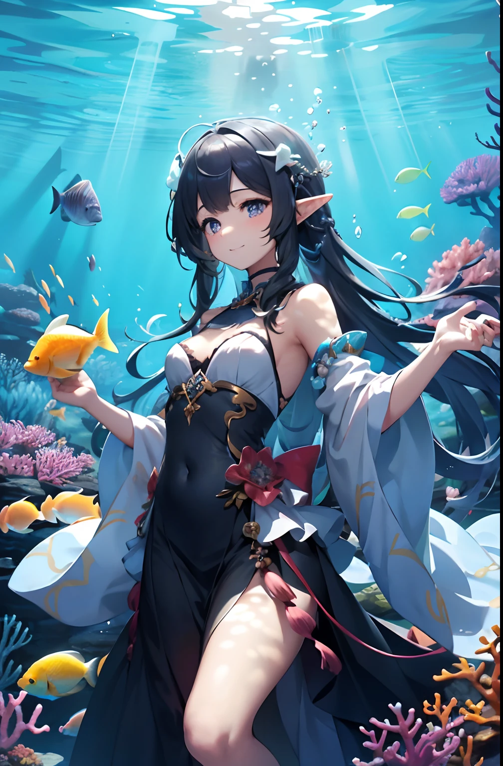 In the depths of the ocean,There is a beautiful girl,She is the elf of the sea,Accompany colorful fish and gorgeous coral reefs。
Her long hair was as thick as kelp,Soft and shiny,Flowing in water,Like a flowing ribbon。Every strand of hair shimmers with golden light,Like sunlight jumping in the sea,Exudes a unique sheen。Her eyes were like two deep pearls,The black pupils shone with a mysterious light,It is as if you can see through the depths of the ocean。
Her figure is light and elegant,Wearing a skirt woven from shells and conch,Like a princess under the sea。Her skin is as tender as fresh fi is brightened by the slight sunlight in the water。
The coral reefs around her are like a rainbow,Red、Orange、Yellow、The purple,Colorful,Shapes vary。They are gems in the ocean,Add endless color to this underwater world。A variety of marine life are attached to the coral reef,There are strangely shaped starfish,There are colorful small fish,There are also transparent jellyfish,They swim freely in the water,Bring life to the underwater world。
When the girl swims in the water,Her long hair fluttered behind her,With those colorful fish,A messy picture was formed。This messy beauty,yet harmonious and natural,Let people marvel at the magic and beauty of nature。Her hair is like silk in water,Flows through the water as she swims,Blend in with the surrounding aquatic creatures,It creates a mysterious and harmonious atmosphere。
Every time she smiled,It's like a ray of light in the ocean,Warm and brilliant。She dances freely in the underwater world,Together with the beautiful coral reefs and fish, it forms a beautiful picture,Let people marvel at the mystery and beauty of the ocean。Detailed screen,{best qualtiy}, {{tmasterpiece}}, {A high resolution}, Original, Extremely detailed 8k wallpaper, {Extremely refined and beautiful},(tmasterpiece) , (best qualtiy) , (Realistis: 1.3) , realisticlying, rendering by octane, (hyper realisitc: 1.2) , Perfect feature, Original, extremelydetailedwallpa