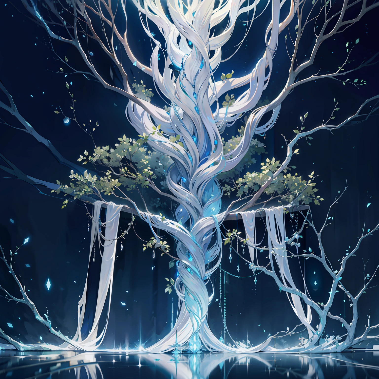 A large silver steel tree flowing with mercury,There are live fiber optic cable vines,Straight to the spiked tree roots under the steel plate,Grow glowing energy lamp fruits