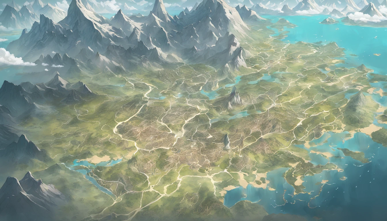 Map of Arafard,In the middle of the map are hills,To the north of the map is the highlands,To the south is a basin with many lakes,To the west is the desert,To the east is the plain,There are many rivers,Surrounded by the sea,Fantasy cartography,Game map,Detailed map,steam workshop maps,D&D style fantasy map design,Top-down view