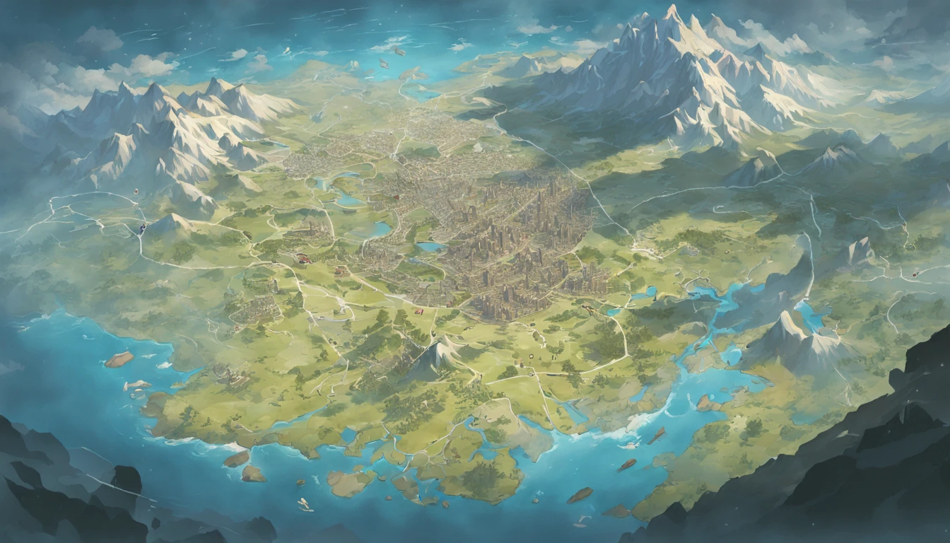 Map of Arafard,In the middle of the map are hills,To the north of the map is the highlands,To the south is a basin with many lakes,To the west is the desert,To the east is the plain,There are many rivers,Surrounded by the sea,Fantasy cartography,Game map,Detailed map,steam workshop maps,D&D style fantasy map design,Top-down view