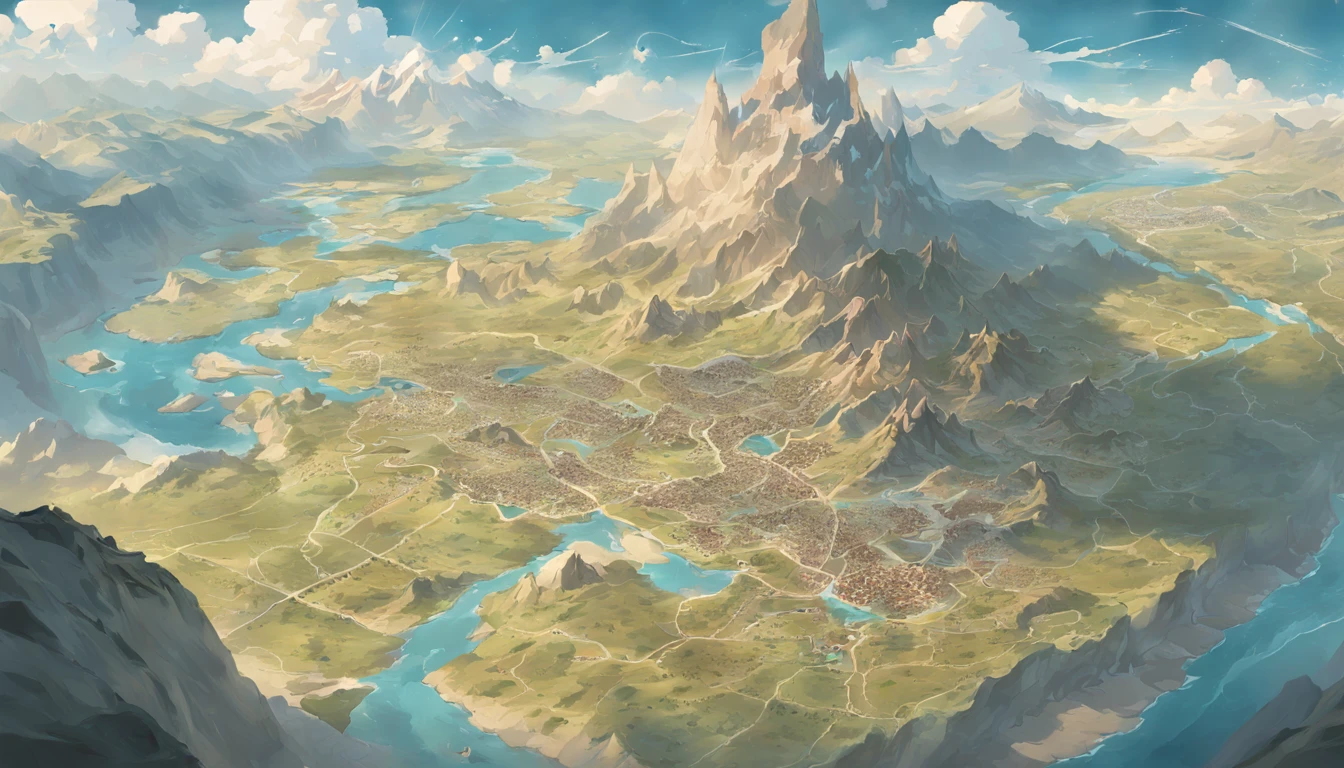 Map of Arafard，In the middle of the map are hills，To the north of the map is the highlands，To the south is a basin with many lakes，To the west is the desert，To the east is the plain，There are many rivers，Surrounded by the sea，Fantasy cartography，Game map，Detailed map，steam workshop maps，D＆D style fantasy map design，Top-down view