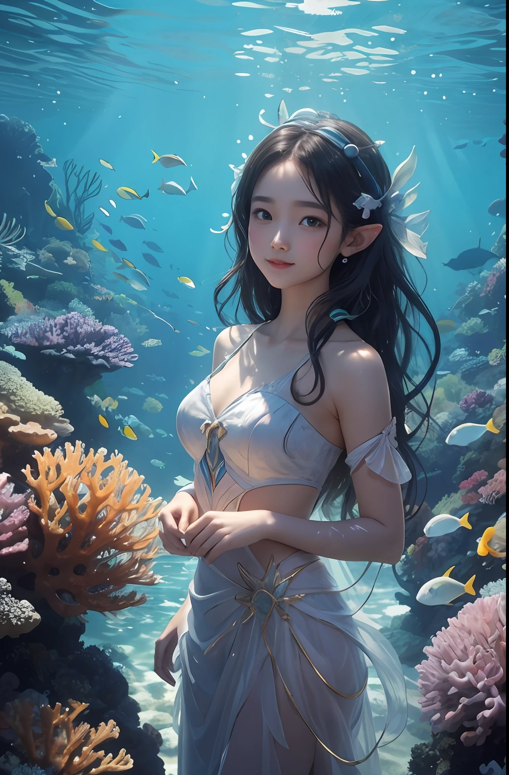 (Best Quality, Masterpiece: 1.4), (Realism: 1.2), (Absurdity: 1.2), 4K, Detailed, Ultra Detailed, Detailed Face, (Ultra Detailed Eyes: 1.2), Underwater, Sexy Beauty, One-piece Swimsuit, (Naked Back: 1.3), Smile, High Split End, Long Legs, Looking Back, Floating Long Black Hair, Point Ears, Elf Ears