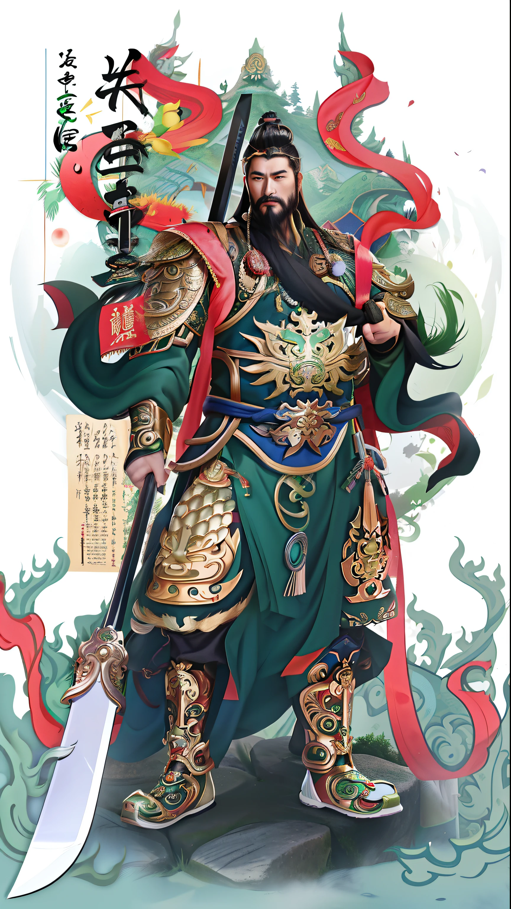 a cartoon of a man in a green outfit holding a sword, guan yu, inspired by Xuande Emperor, inspired by Hu Zaobin, inspired by Huang Shen, chinese warrior, by Xuande Emperor, the god emperor of mankind, inspired by Wu Bin, inspired by Huang Ding, chinese mythology, inspired by Zhang Wo, inspired by Li Cheng, chinese three kingdoms