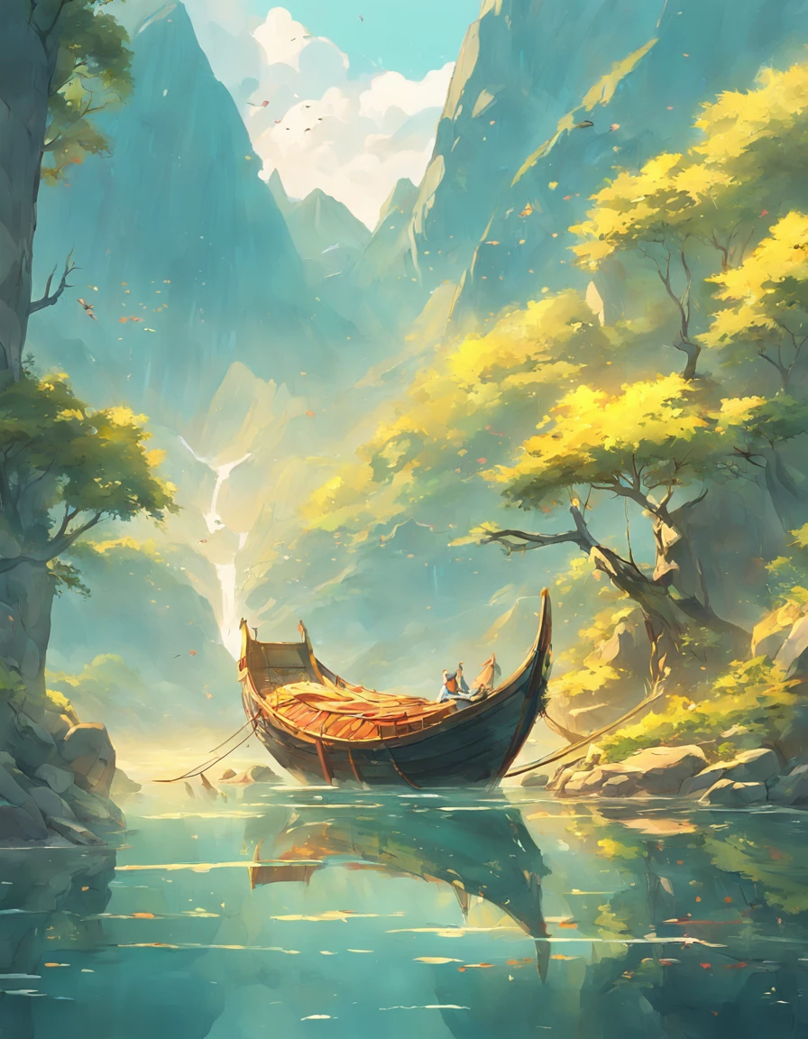 Draw a boat in a lake with mountains and sunshine, dreamlike digital painting, fantasy digital painting, fantasy. gondola boat, Chinese style painting, digital cartoon painting art, glossy digital painting, Chinese painting style, Digital fantasy painting, 8k resolution digital painting, 8 k resolution digital painting, Fantasy landscape painting, A beautiful artwork illustration, 4 k digital painting