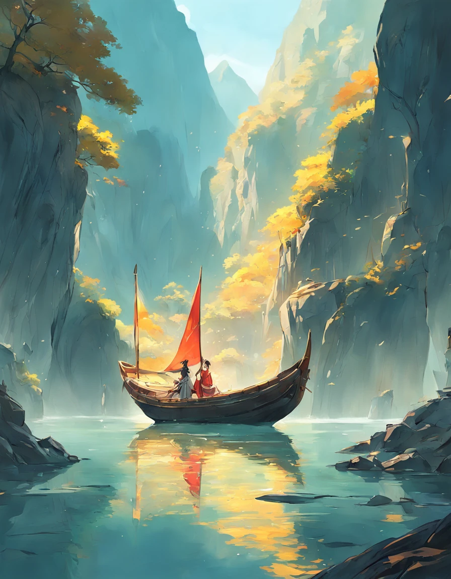 Draw a boat in a lake with mountains and sunshine, dreamlike digital painting, fantasy digital painting, fantasy. gondola boat, Chinese style painting, digital cartoon painting art, glossy digital painting, Chinese painting style, Digital fantasy painting, 8k resolution digital painting, 8 k resolution digital painting, Fantasy landscape painting, A beautiful artwork illustration, 4 k digital painting