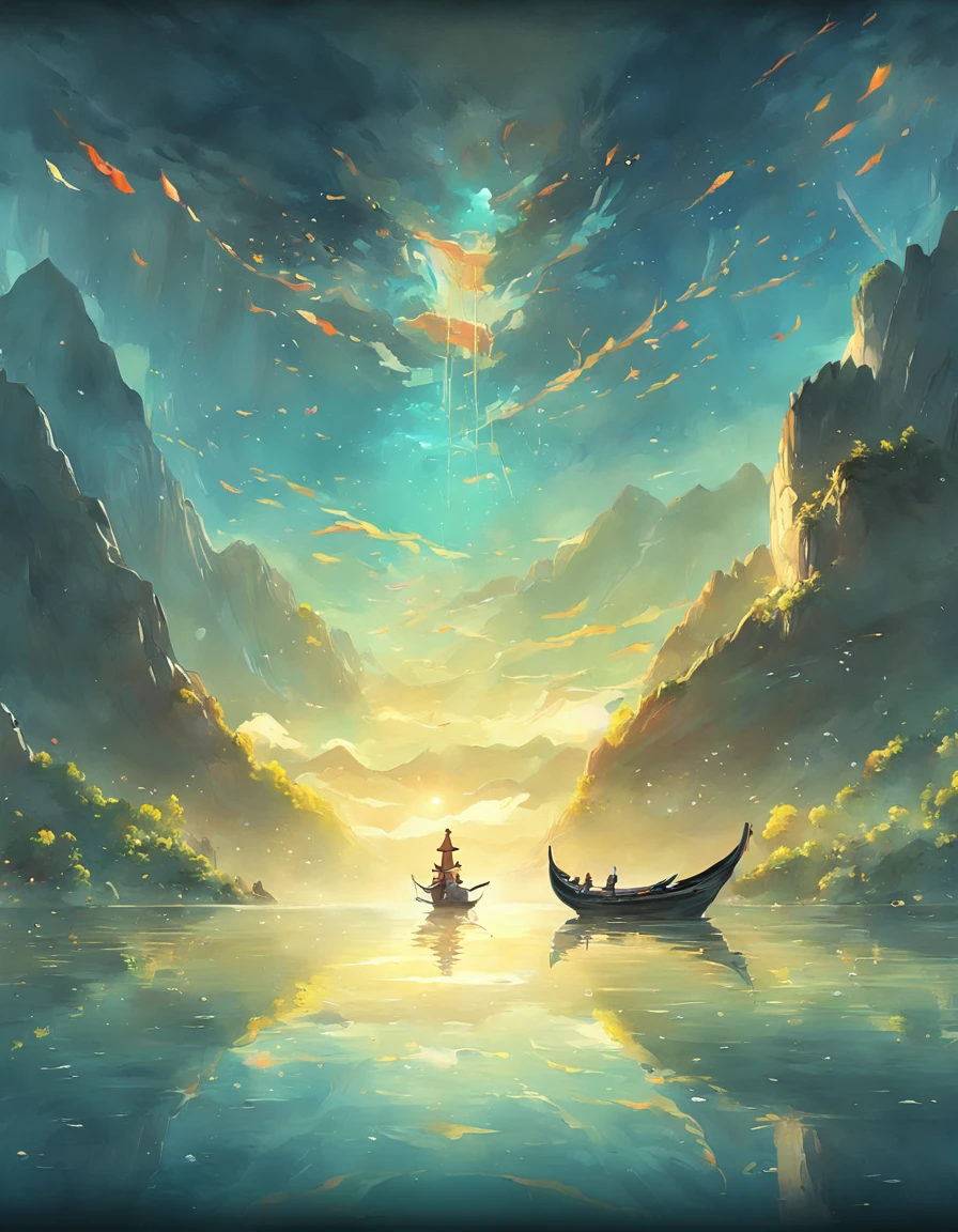 Draw a boat in a lake with mountains and sunshine, dreamlike digital painting, fantasy digital painting, fantasy. gondola boat, Chinese style painting, digital cartoon painting art, glossy digital painting, Chinese painting style, Digital fantasy painting, 8k resolution digital painting, 8 k resolution digital painting, Fantasy landscape painting, A beautiful artwork illustration, 4 k digital painting
