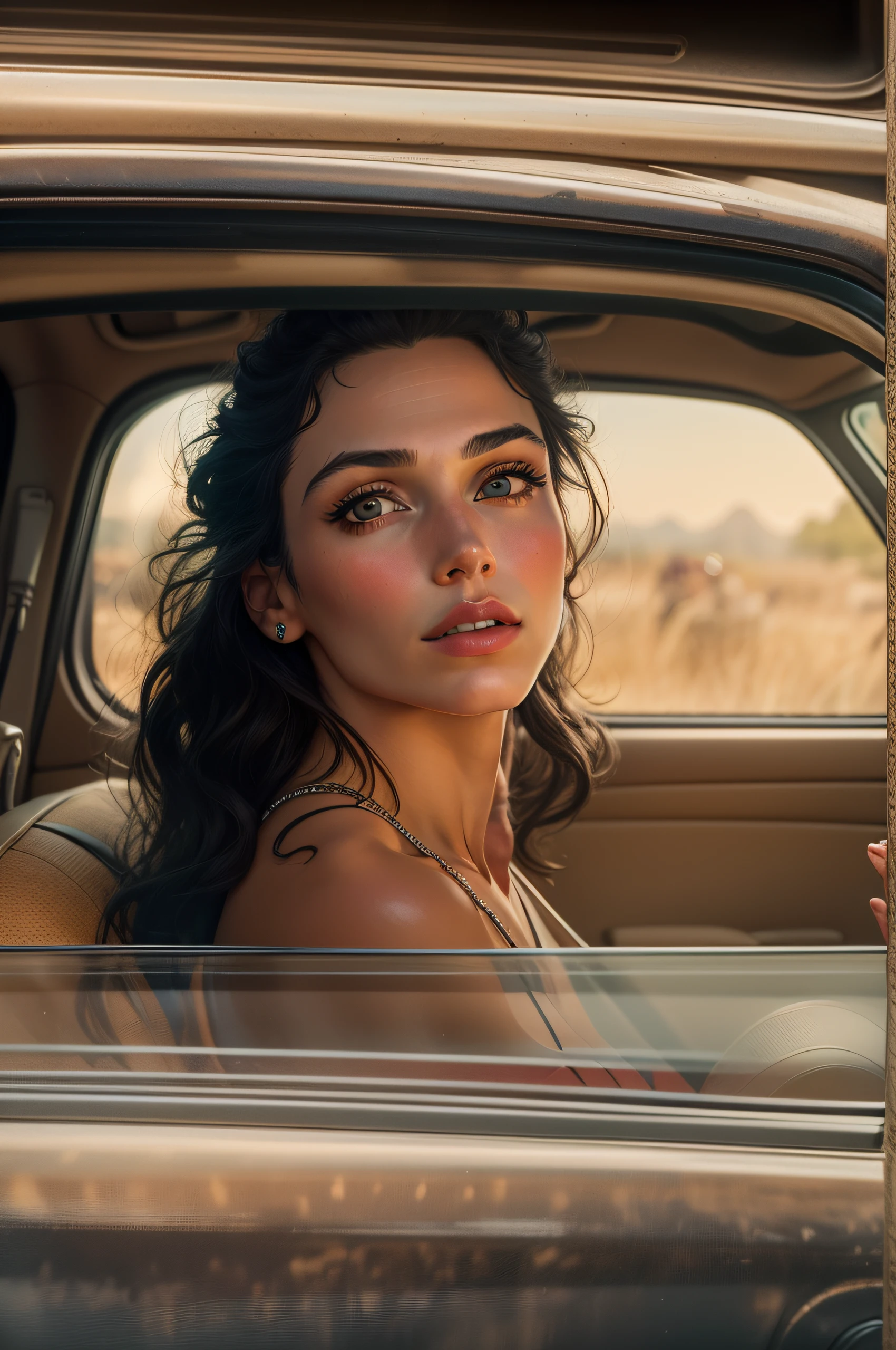 araffe woman sitting in a car looking out the window, a photorealistic painting by Annie Leibovitz, tumblr, renaissance, sitting in her car, monica bellucci, young arab monica bellucci, arab young monica belluci, with high cheekbones, photo of the beauty gal gadot, vesper lynd from casino royale