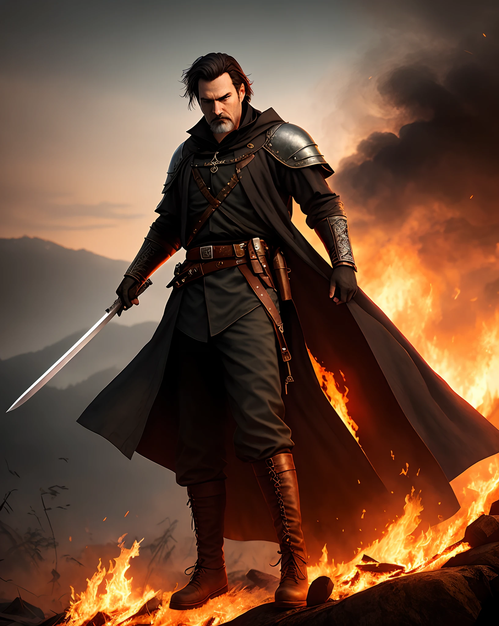 Whiskeyjack, veteran warrior, general, fantasy world, swordman, solo, half gray hair, black beard, photorealistic render, burning gothic bridge, extremely detailed, menacing gaze, hyperrealistic lighting, masterpiece, artstation, raymarching reflections, foggy sunset, burning fire battlefield, messy hair, medieval, artstation, epic broken sword,