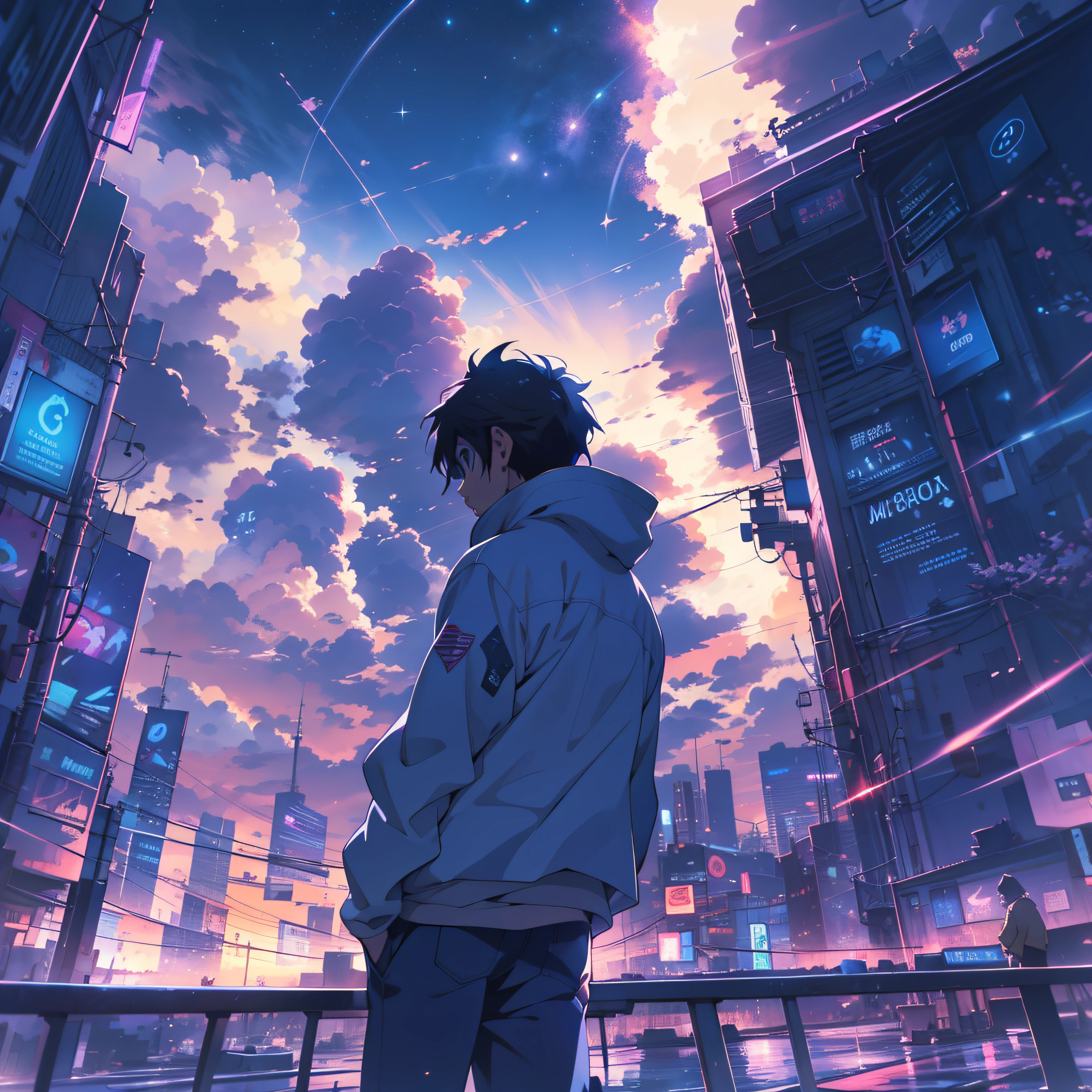Anime Dark boy, white skin, white shirt, blue jackets, Anim, anime wallpapers with views of the sky and stars, cosmic skies. Por Makoto Shinkai, Anime Art Wallpaper 4K, Anime Art Wallpaper 4K, Anime Art Wallpaper 8K, anime sky, paper awesome wallpaper, 4k anime wallpapers, 4k anime wallpapers, 4k anime wallpapers, Makoto Shinkai Cirilo Rolando, shining, god lights, light waves, futures city, blue eyes, cyborg city.