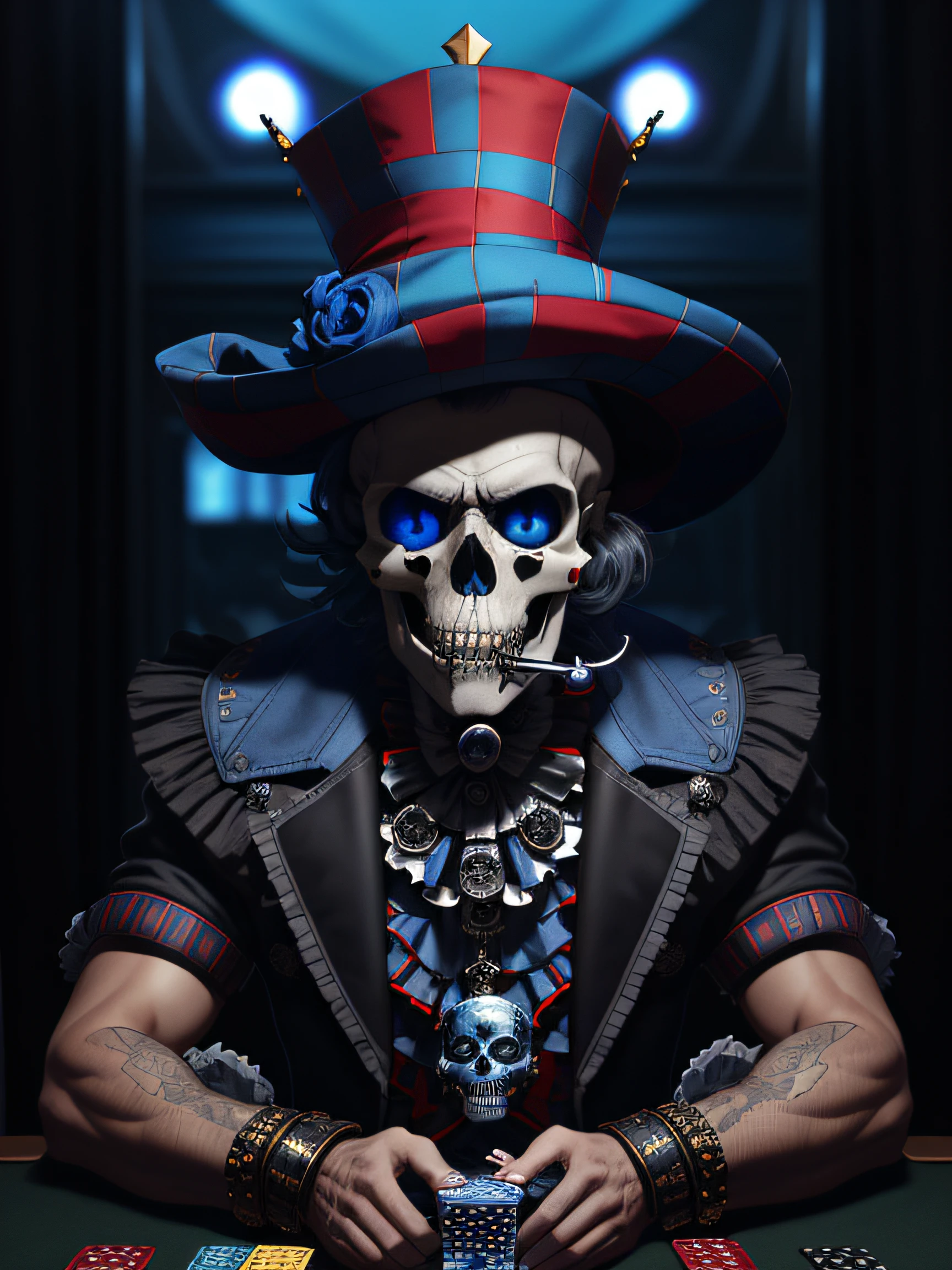 Skull Head with a Blue Jester Hat ,trickster,saturated Transparent Platinum Gray Blue,striking gaze,smirk,top,gambling,show stage,close-up,diabolic,masterpiece,8k,highest quality,intricate,Clockpunk,playing cards, a skull with a hat and a cigarette in its mouth, digital art by Tom Wänerstrand, trend in cg society, gothic art, um esqueleto fumando um charuto, esqueletos fumando charutos, O Rei da Morte, with a crown of skulls, olhar, 8 k altamente detalhado ❤🔥 🔥 💀 🤖 🚀, portrait skull clown, skull clown, ((skull))