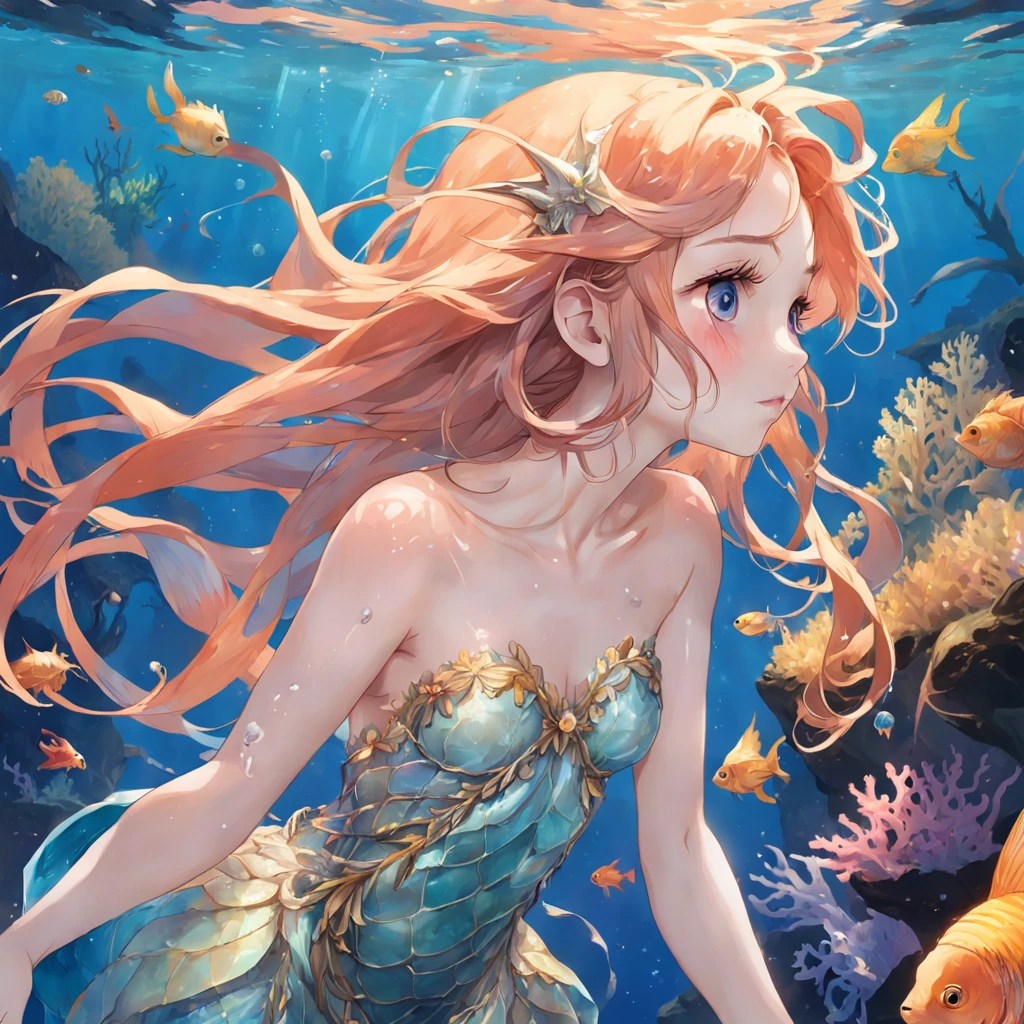 In the depths of the ocean，There is a beautiful girl，She is the elf of the sea，Accompany colorful fish and gorgeous coral reefs。 Her long hair was as thick as kelp，Soft and shiny，Flowing in water，Like a flowing ribbon。Every strand of hair shimmers with golden light，Like sunlight jumping in the sea，Exudes a unique sheen。Her eyes were like two deep pearls，The black pupils shone with a mysterious light，It is as if you can see through the depths of the ocean。 Her figure is light and elegant，Wearing a skirt woven from shells and conch，Like a princess under the sea。Her skin is as tender as fresh fi is brightened by the slight sunlight in the water。 The coral reefs around her are like a rainbow，Red、Orange、Yellow、The purple，Colorful，Shapes vary。They are gems in the ocean，Add endless color to this underwater world。A variety of marine life are attached to the coral reef，There are strangely shaped starfish，There are colorful small fish，There are also transparent jellyfish，They swim freely in the water，Bring life to the underwater world。 When the girl swims in the water，Her long hair fluttered behind her，With those colorful fish，A messy picture was formed。This messy beauty，yet harmonious and natural，Let people marvel at the magic and beauty of nature。Her hair is like silk in water，Flows through the water as she swims，Blend in with the surrounding aquatic creatures，It creates a mysterious and harmonious atmosphere。 Every time she smiled，It's like a ray of light in the ocean，Warm and brilliant。She dances freely in the underwater world，Together with the beautiful coral reefs and fish, it forms a beautiful picture，Let people marvel at the mystery and beauty of the ocean。Detailed screen，{best qualtiy}， {{tmasterpiece}}， {A high resolution}， Original， Extremely detailed 8k wallpaper， {Extremely refined and beautiful}，（tmasterpiece） ， （best qualtiy） ， （Realistis： 1.3） ， realisticlying， rendering by octane， （hyper realisitc： 1.2） ， Perfect feature， Original， extremelydetailedwallpa