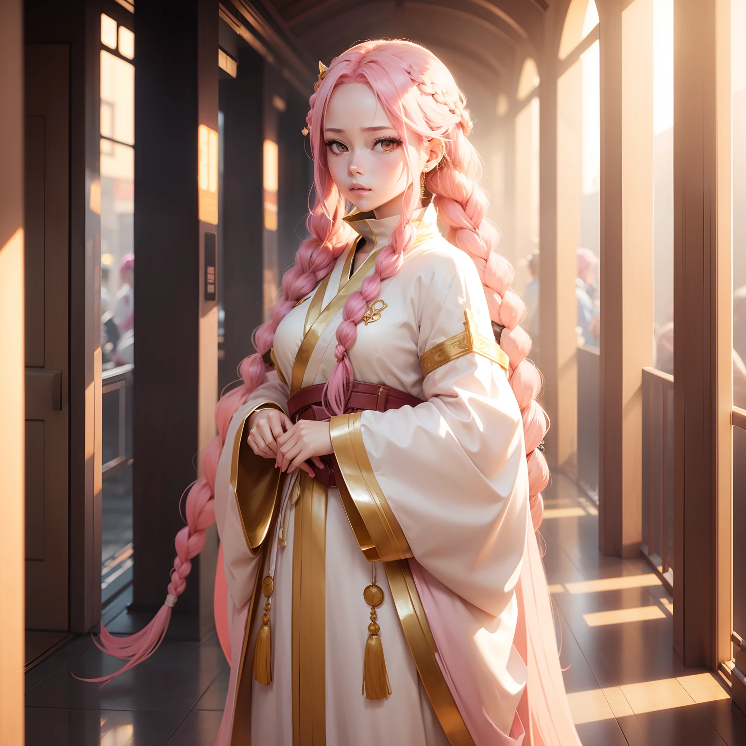 anime girl with pink hair and braids standing weear long detached gold sleeves, and white robes artwork in the style of guweiz, photorealistic anime girl render