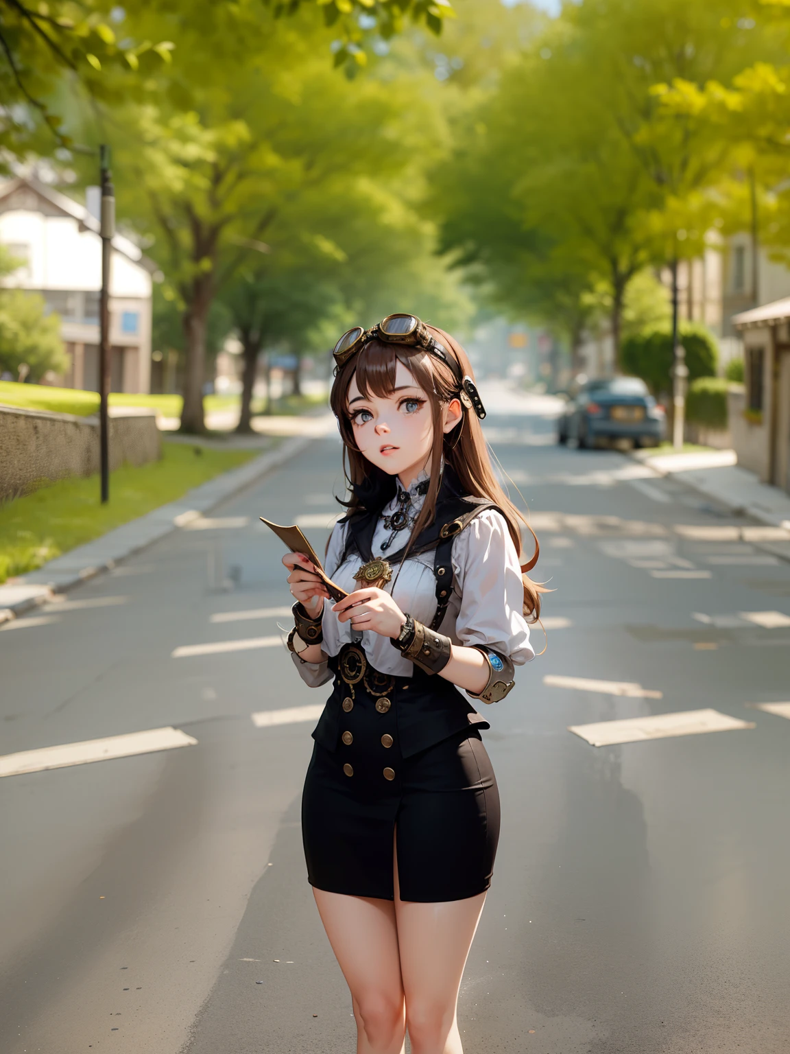 ((masterpiece)), (1girl), (steampunk theme:1.5), (mechanical elements:1.3), (goggles:1.2), (inventor:1.1), (engaged expression), (active pose), ((richly detailed workshop background)), (assorted gears:1.2), (steam-powered machinery), (blueprints),(flickering gaslights:1.1), (clockwork creations),(innovative:1.3),(brass and copper tones)
In a world of steampunk and innovation, a talented female inventor stands within her bustling workshop. She dons goggles, which rest on her forehead, highlighting her inquisitive eyes filled with determination. Her outfit is adorned with mechanical elements and brass accents, reflecting her passion for invention. She assumes an active pose, one hand adjusting a complex gear system while the other sketches out new ideas on a piece of parchment.