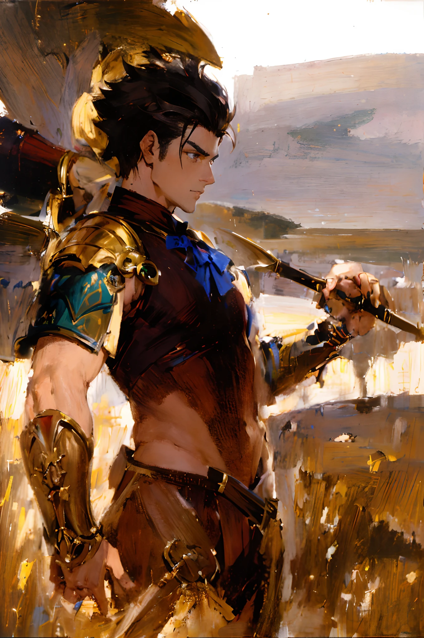 Draw a man in armor holding a tomahawk in a field,Armor covers the whole body,Gold armor