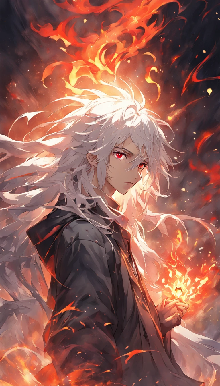 Best quality, Masterpiece, 超高分辨率, (photograph realistic:1.4), surrealism, Dream-like,fusionart, anime boy, long white hair, red eyes, in the dark, fire magic,