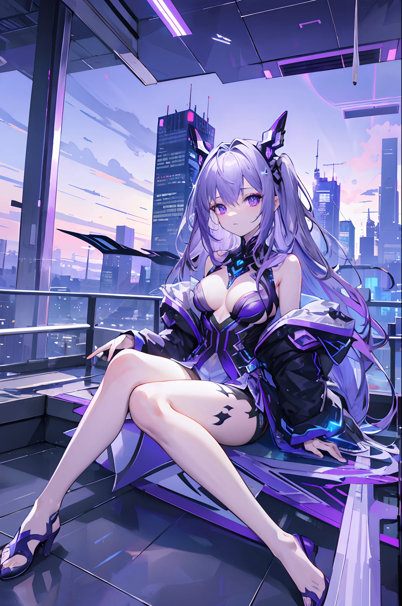 Top image quality、Girl sitting on the ground、Silver to purple gradient hair、nigh sky、Into the cloud、City of intricate glass structures、Blue glowing ground、Countless cities far away
