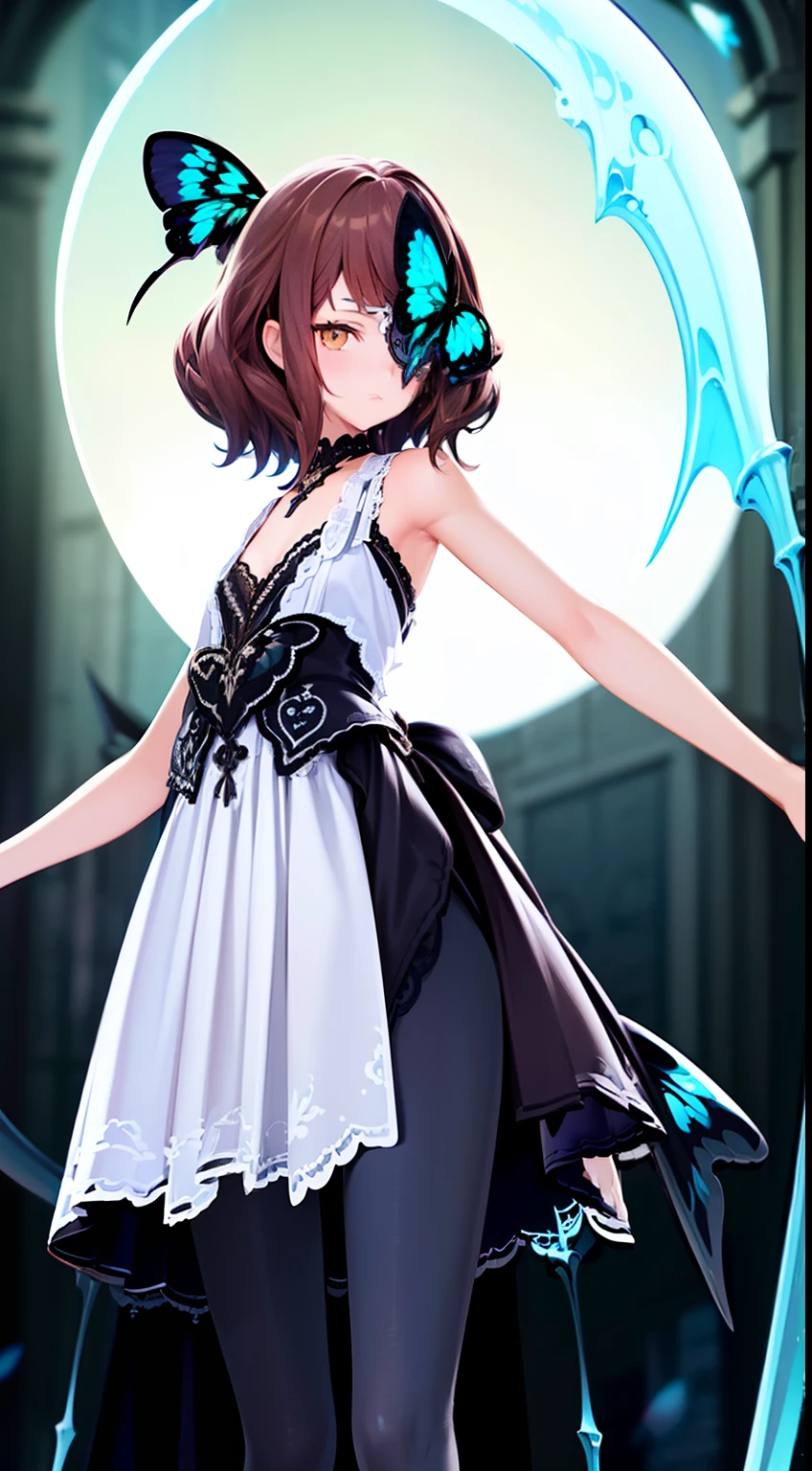 ((Best quality)), ((Masterpiece)), ((Ultra-detailed)), (illustration), (Detailed light), (An extremely delicate and beautiful),Dramatic perspective,A charming young girl,Short brown hair,Brown pupils,Lace pantyhose,scythe,Left eye butterfly eye patch,themoon,the night