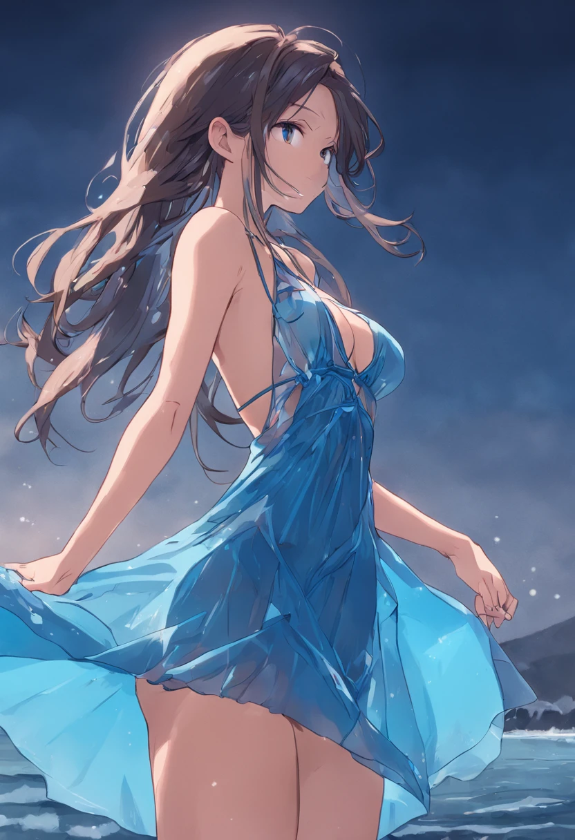 Araf in blue see-through dress posing on seaside, bust full and sexy with nipped in waist, blue eyes, long brown hair, bright blue shiny lingerie dress, Lacy, Gorgeous American model, European, sexy girl, slutty lingerie dress, stringy Tightened Lingerie Dresses, Sexy Lingerie Wearing, Sexyoo Pose, Beauty Lingerie, Side Pose, Sexy Pose with Ass Outstretched, Beautiful, Back View,, Blue Bikini,.