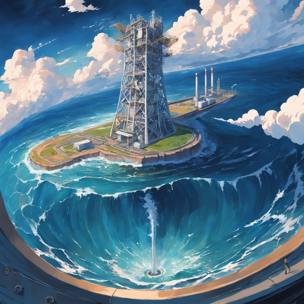 Depicting the appearance of the Fukushima nuclear power plant, Show the drain,Dumping contaminated water into the ocean. Emphasize the contrast between nuclear power plants and the vast sea