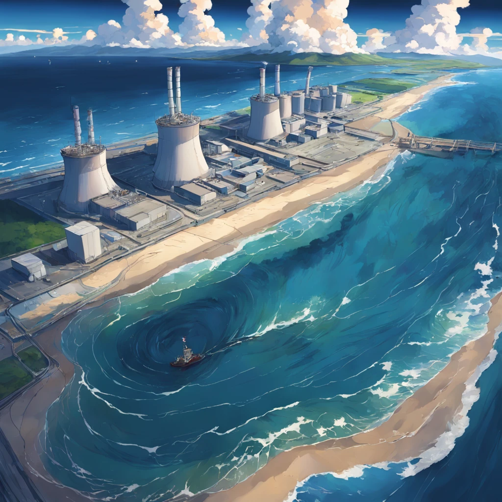 Depicting the appearance of the Fukushima nuclear power plant, Show the drain,Dumping contaminated water into the ocean. Emphasize the contrast between nuclear power plants and the vast sea