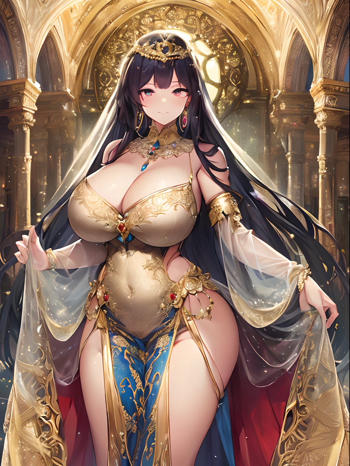 (anime artstyle),((Masterpiece,Best Quality,Super Detail,Very Delicate and Beautiful)),Solo,((full body,standing picture)),standing in the sacred cathedral,((Sacred atmosphere)),((1 holy High Priestess in beautiful embroidery and jeweled gorgeous rococo ballgown dress with voluminous full length hoop skirt)),(crinoline),gorgeousfull embroidery,(gorgeous gemstone jewelry),((gorgeousfull Sacred Veil)),(detailed face and eyes),jewel-like eyes,smile,((large amount of straight hair,extremely Long voluminous Hair)),((gigantic tits,Long tits,skindentation)),gorgeousfull embroidery,cleavage,extremely gorgeousfull hair ornament,(bling-bling extremely gorgeousfull jeweled tiara),gorgeous corsage,Stained glass,(Dynamic Angle),Looking at viewer,((full body)),((beautiful embroidery and jeweled gorgeous rococo ballgown dress with voluminous full length hoop skirt))