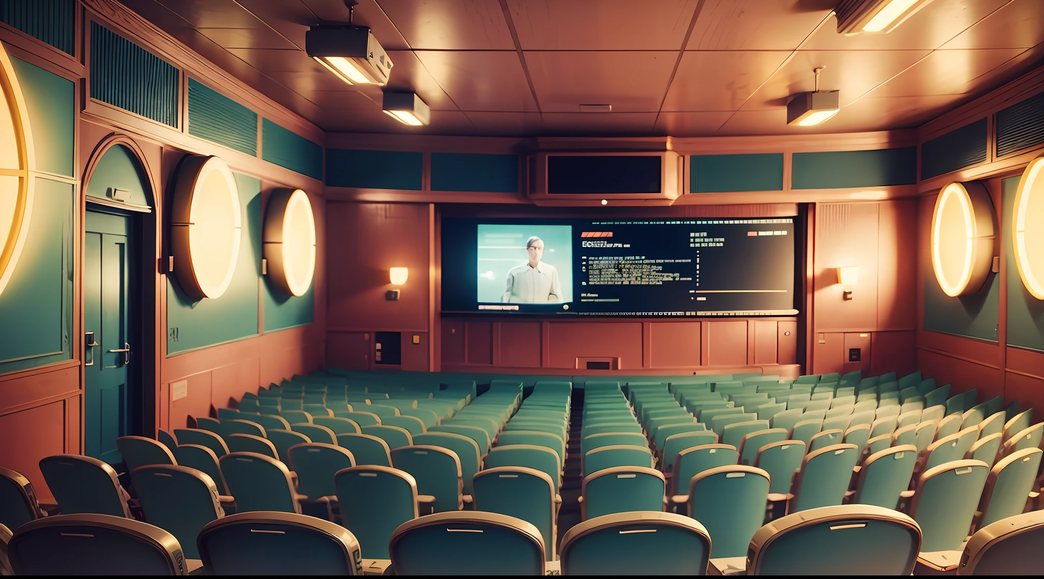 film still, movie theater, 2090s sitcom style, 2 computer monitors, sophisticated, symbolic --auto --s2