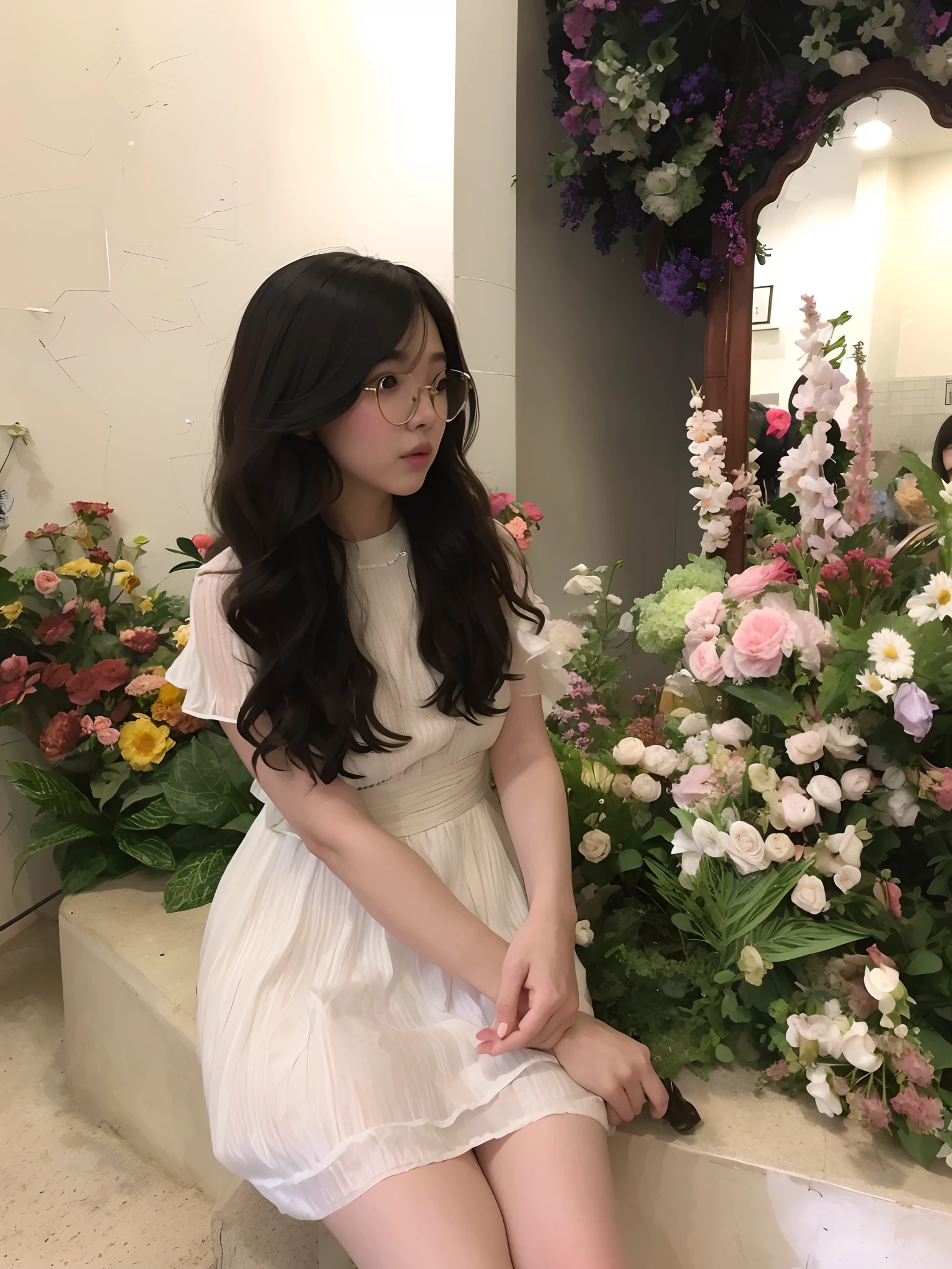 there is a woman sitting on a ledge in front of a mirror, ulzzang, with flowers, with long hair, girl in flowers, jaeyeon nam, with frozen flowers around her, wavy long black hair and glasses, jinyoung shin, flower dress, sitting with flowers, white hime cut hairstyle, belle delphine, asthetic, cynthwave