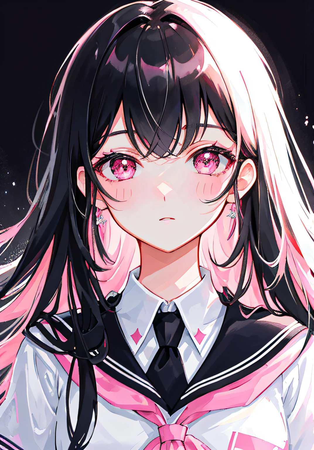 Masterpiece, Best quality, Ultra-detailed, illustration, Portrait, 1girll, black_Hair, Pink eyes, Long hair, school uniform,