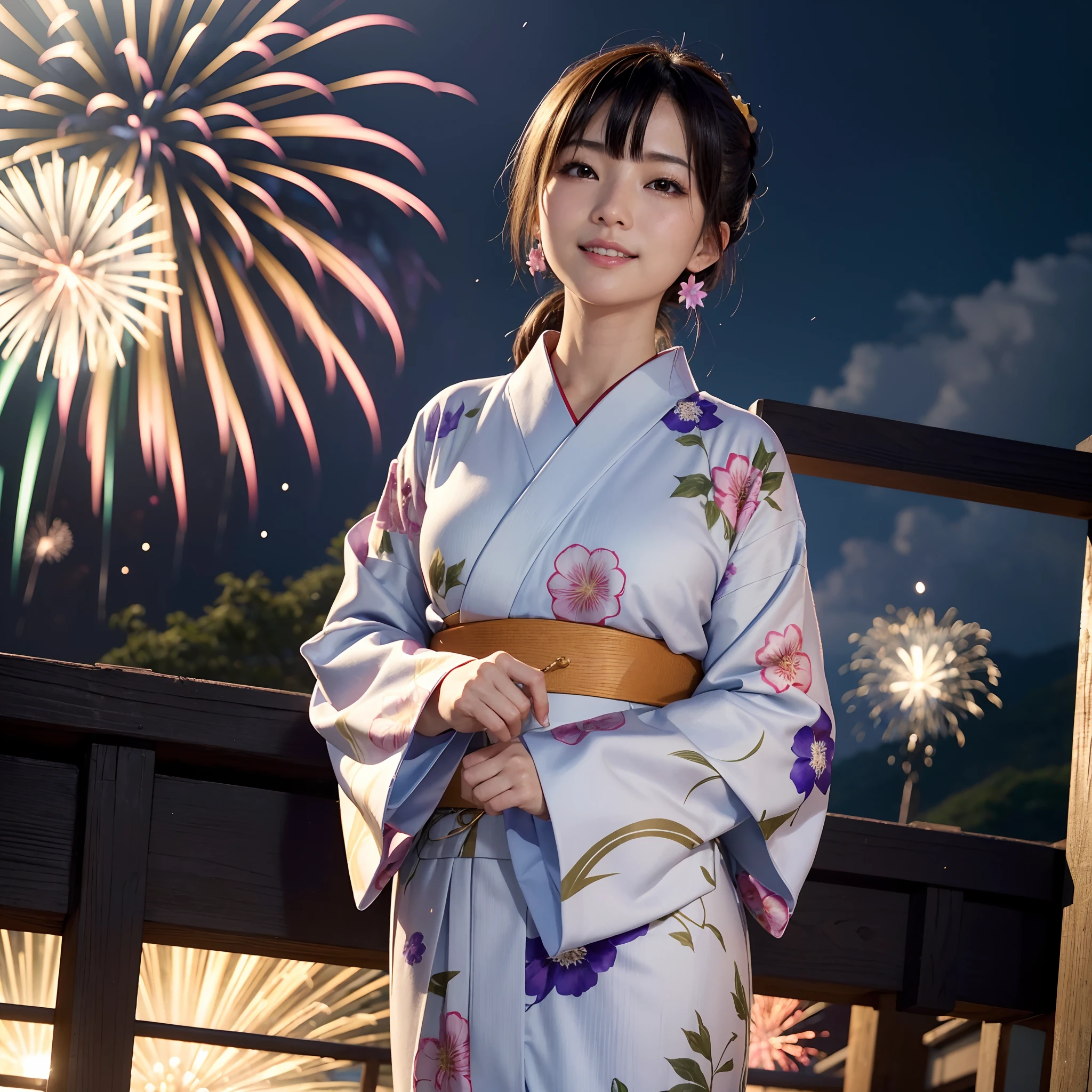 (in 8K、RAW Photos、top-quality、​masterpiece:1.2)、(realisitic、Photorealsitic:1.37)、ultra-detailliert、超A high resolution、lighting like a movie、(((Beautiful Japan woman looking up at fireworks)))、A smile、woman wearing the kimono、classy yukata clothing、Wearing a colorful yukata、Wearing a kimono、japanese kimono、wearing a haori、Yukata with morning glory pattern、Have a yoyo、Have a fan、dynamic ungle、动态照明