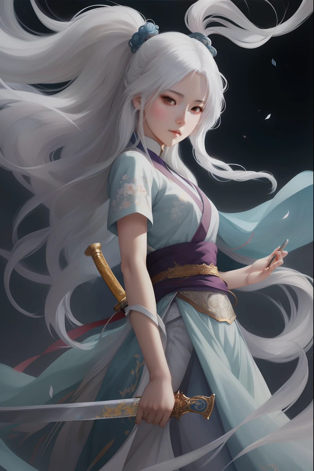 Anime girl with long white hair and sword in hand, white haired god, beautiful character painting, a beautiful artwork illustration, beautiful young wind spirit, ArtGerm. Anime Illustration, artwork in the style of guweiz, by Qu Leilei, very detailed Artgerm, anime fantasy illustration, guweiz on pixiv artstation, by Li Song