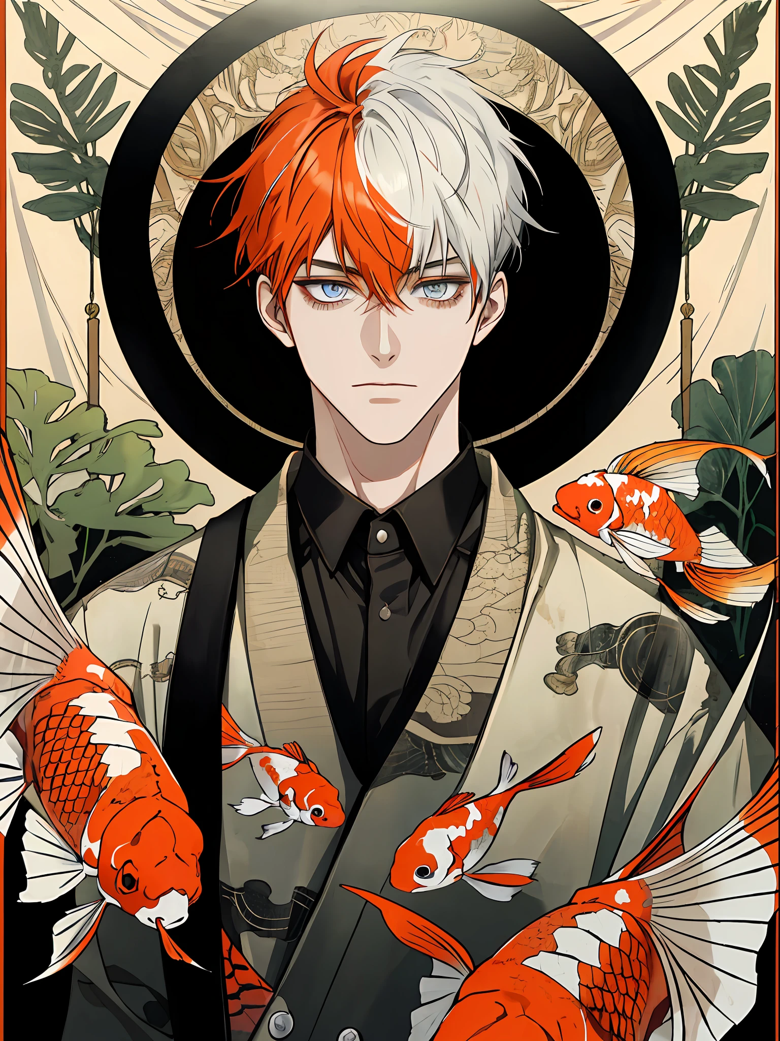 {{{{{1boy}}}}}, {{{{{masterpiece}}}}}, {{{beautiful male}}}, man, slender, {best quality}, {highres}, {{beautiful detailed face}}, {{beautiful detailed eyes}}, P//tapestry, {{{{{{biopunk}}}}}}, harajuku fashion, wide angle, ink, \koi fish pattern in clothes\, dragonpunk {{{{{{ orange and white hair}}}}}}, NP//without, {{short hair}}, Multicolored hair, two-tone hair, gradient hair