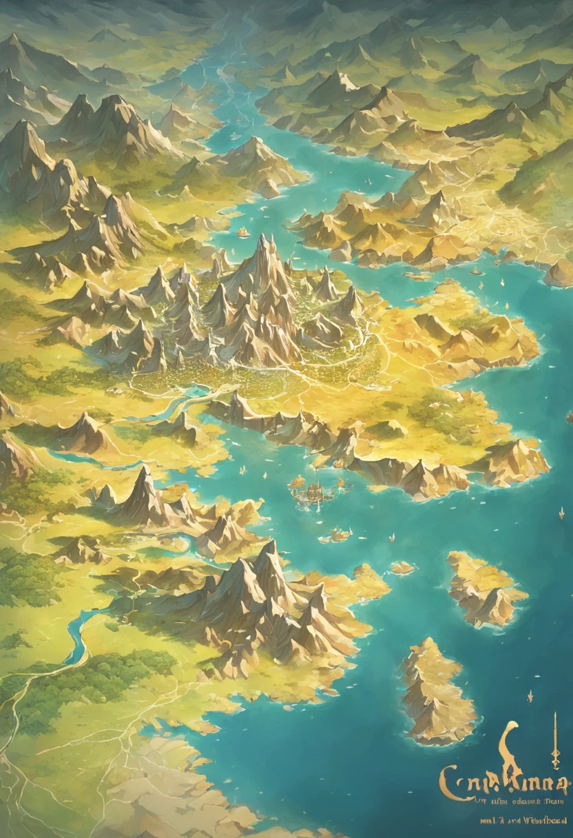 Map of the continent of Varant，In the middle of the map are hills，To the north is the Highlands，To the south is a basin with many lakes，To the west is the desert，To the east is a plain with many rivers，Fantasy cartography，Game map，Detailed map