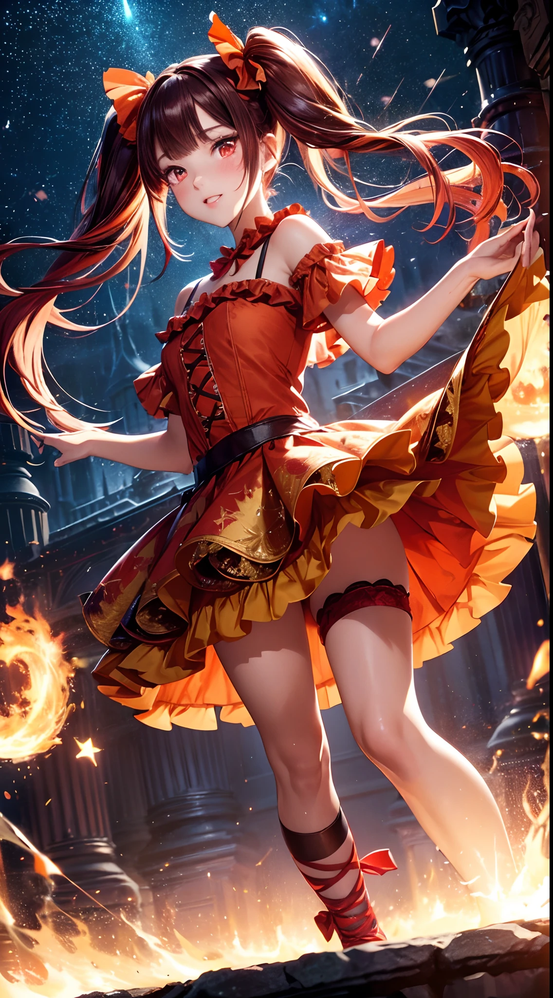 (fullbody, legs and shoes visible: 1.2)) expressive eyes, woman, pale skin, long hair, windblown hair, ((long hair)), long sidelocks, hime bangs, hair fringe, hair bun, ((long twintails)), flaming hair, red hair, blushing, full face blushing, big sparkling glowing red eyes, (gradient eyes), open mouth smile, cute pose,
flowy flaming dress, ((scarlet multicolored open dress)), (floating fire), orange ruffles, yellow frills, (light red lace), detached short sleeves, puffy skirt, ((fire and stars print skirt : 1.3)), ta skirt, dark red bows, ((pompon ribbons hair ornament : 1.4)), multiple bows, striped lace stockings, (heart shaped leg garter), cute (dark orange) shoes ((hyperdetailed clothing and fashion)) looking at you, vintage girl, blushing, (beautiful detailed eyes), (extremely detailed CG unity 8k wallpaper) (best shadow), ((an extremely delicate and beautiful)), (detailed light), ((depth of field)) big head, big sparkling eyes, moe, splash art, cinematic lighting, frontal view, volumetric lighting maximalist photo illustration 64k resolution high res intricately detailed complex key visual precise linear
((in the dark palace background, surrounded by smoking hot sparks, shooting stars)) ((hyperdetailed scenery, foggy, darkness : 1.3))