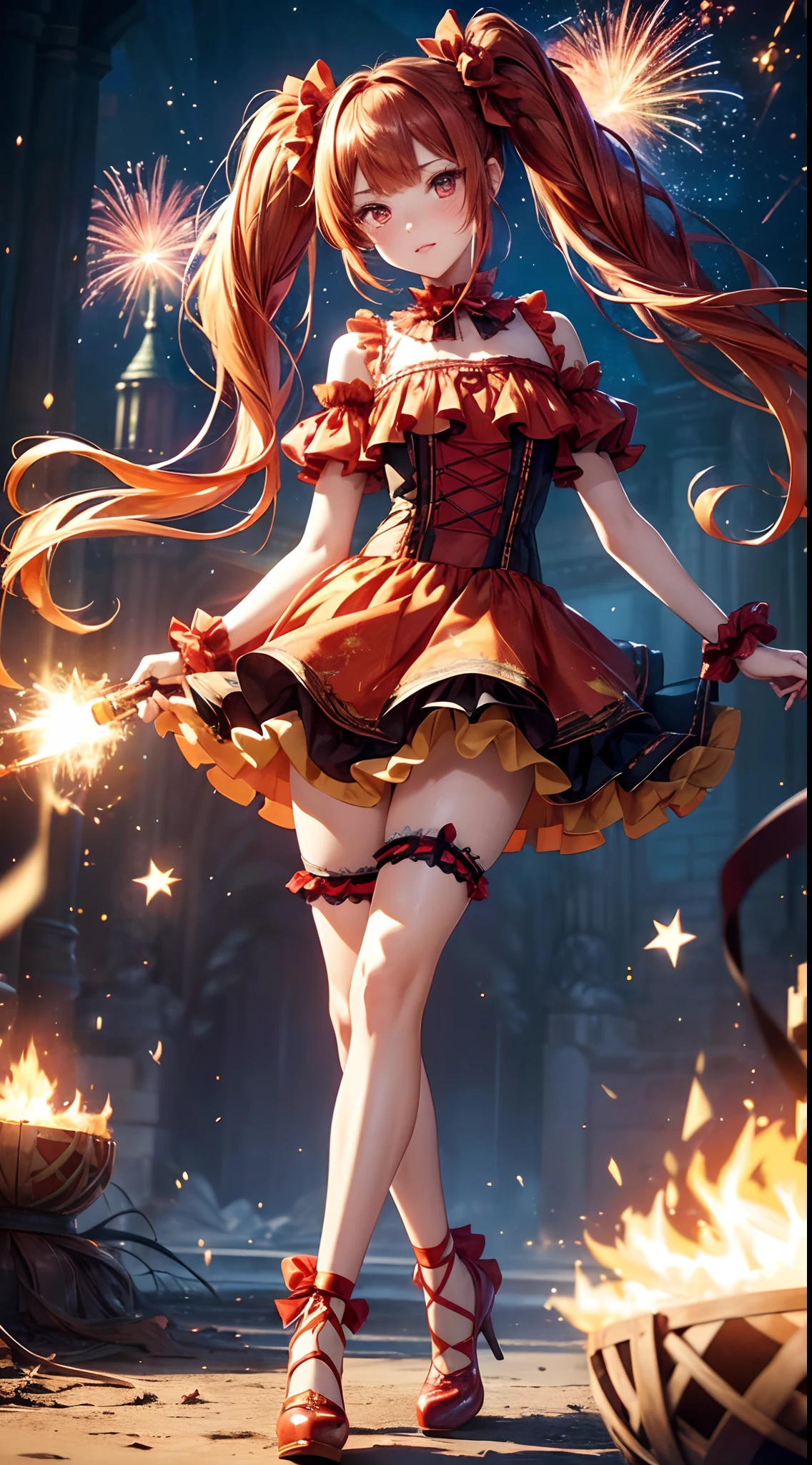 (fullbody, legs and shoes visible: 1.2)) expressive eyes, woman, pale skin, long hair, windblown hair, ((long hair)), long sidelocks, hime bangs, hair fringe, hair bun, ((long twintails)), flaming hair, red hair, blushing, full face blushing, big sparkling glowing red eyes, (gradient eyes), open mouth smile, cute pose,
flowy flaming dress, ((scarlet multicolored open dress)), (floating fire), orange ruffles, yellow frills, (light red lace), detached short sleeves, puffy skirt, ((fire and stars print skirt : 1.3)), ta skirt, dark red bows, ((pompon ribbons hair ornament : 1.4)), multiple bows, striped lace stockings, (heart shaped leg garter), cute (dark orange) shoes ((hyperdetailed clothing and fashion)) looking at you, vintage girl, blushing, (beautiful detailed eyes), (extremely detailed CG unity 8k wallpaper) (best shadow), ((an extremely delicate and beautiful)), (detailed light), ((depth of field)) big head, big sparkling eyes, moe, splash art, cinematic lighting, frontal view, volumetric lighting maximalist photo illustration 64k resolution high res intricately detailed complex key visual precise linear
((in the dark palace background, surrounded by smoking hot sparks, shooting stars)) ((hyperdetailed scenery, foggy, darkness : 1.3))