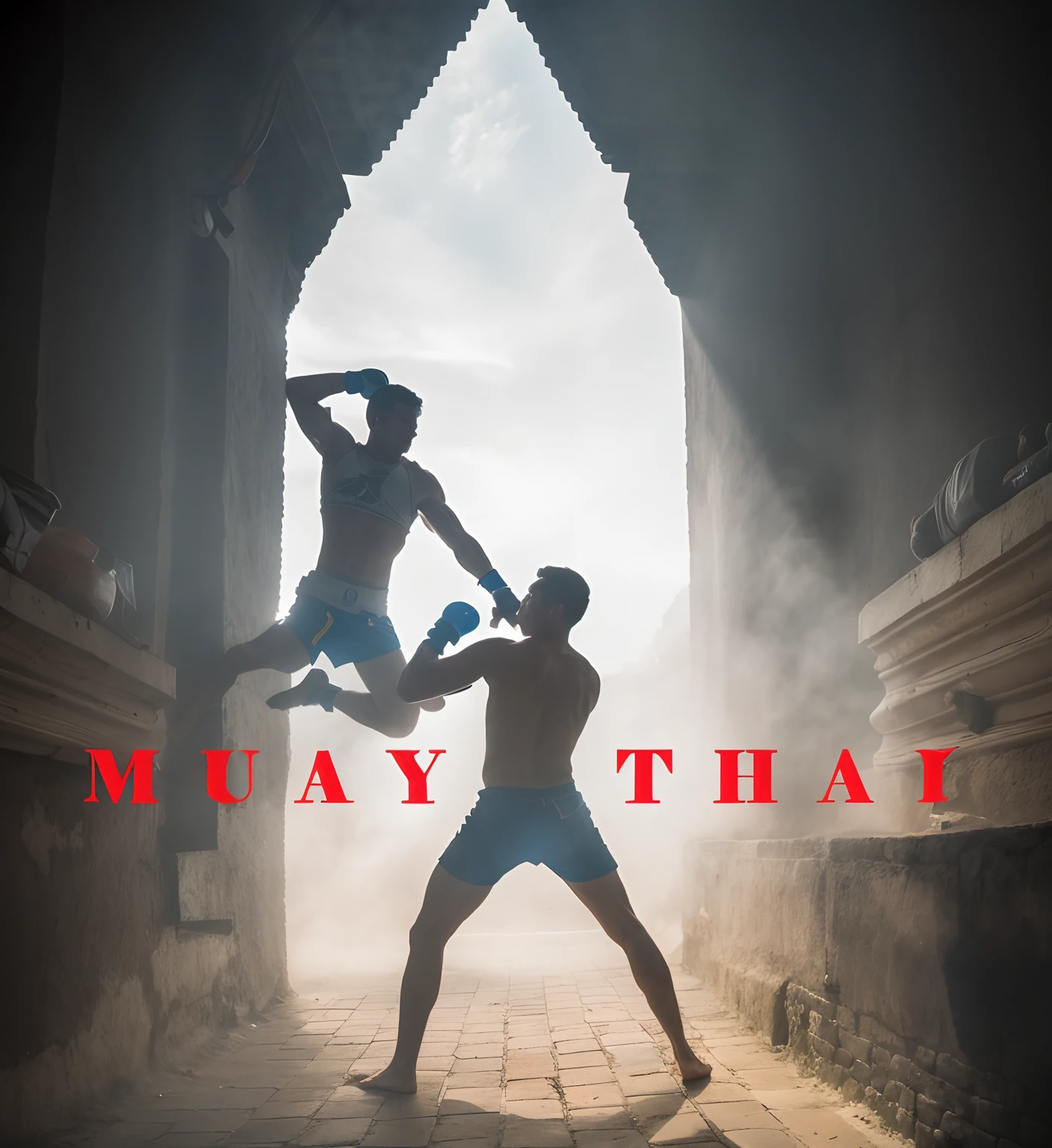 There are two men fighting in a dark alley with a light, Pose de Postura Heroica de Muay Thai