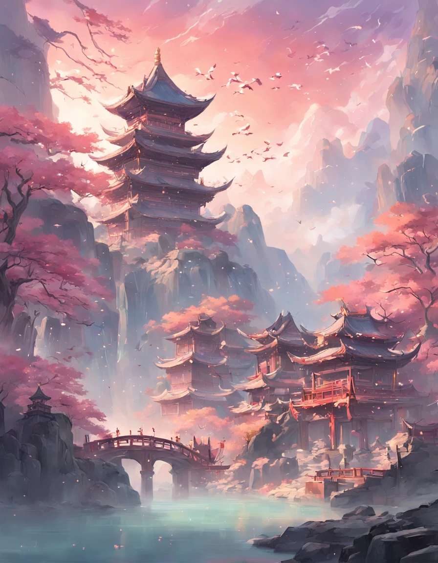 There is a painting,The painting depicts dreamy landscape art, Zen temple background, Oriental fantasy, landscape artwork, Temple background, background artwork, dreamy scenes, Detailed scenery —width 672, dreamy Chinese towns, oriental wallpaper, Chinese landscape, dreamlike digital painting, Atmospheric fantasy sky, dreamy matte painting, surreal dreamscape, Fantasy background