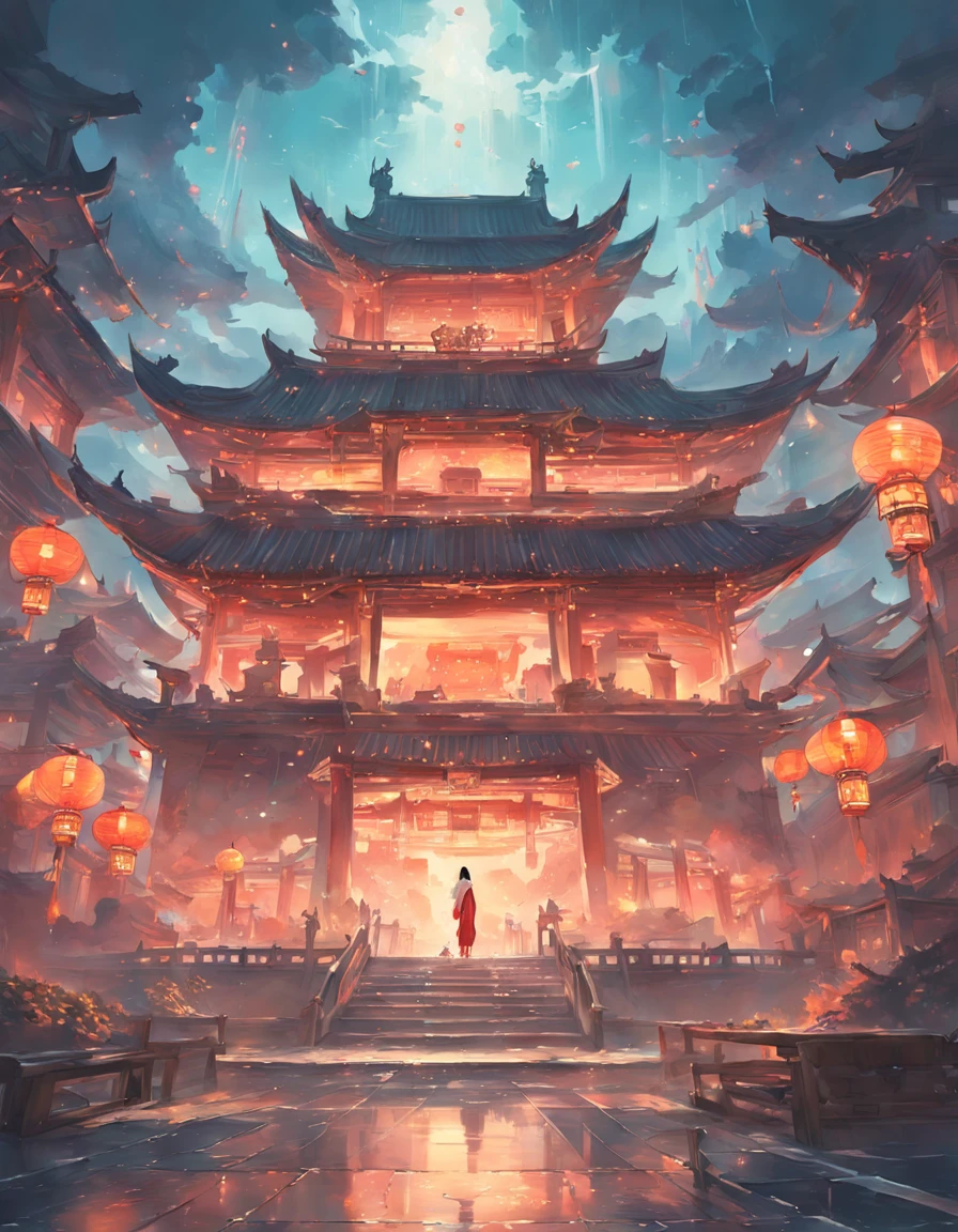 There is a painting，The painting depicts dreamy landscape art, Zen temple background, Oriental fantasy, landscape artwork, Temple background, background artwork, dreamy scenes, Detailed scenery —width 672, dreamy Chinese towns, oriental wallpaper, Chinese landscape, dreamlike digital painting, Atmospheric fantasy sky, dreamy matte painting, surreal dreamscape, Fantasy background