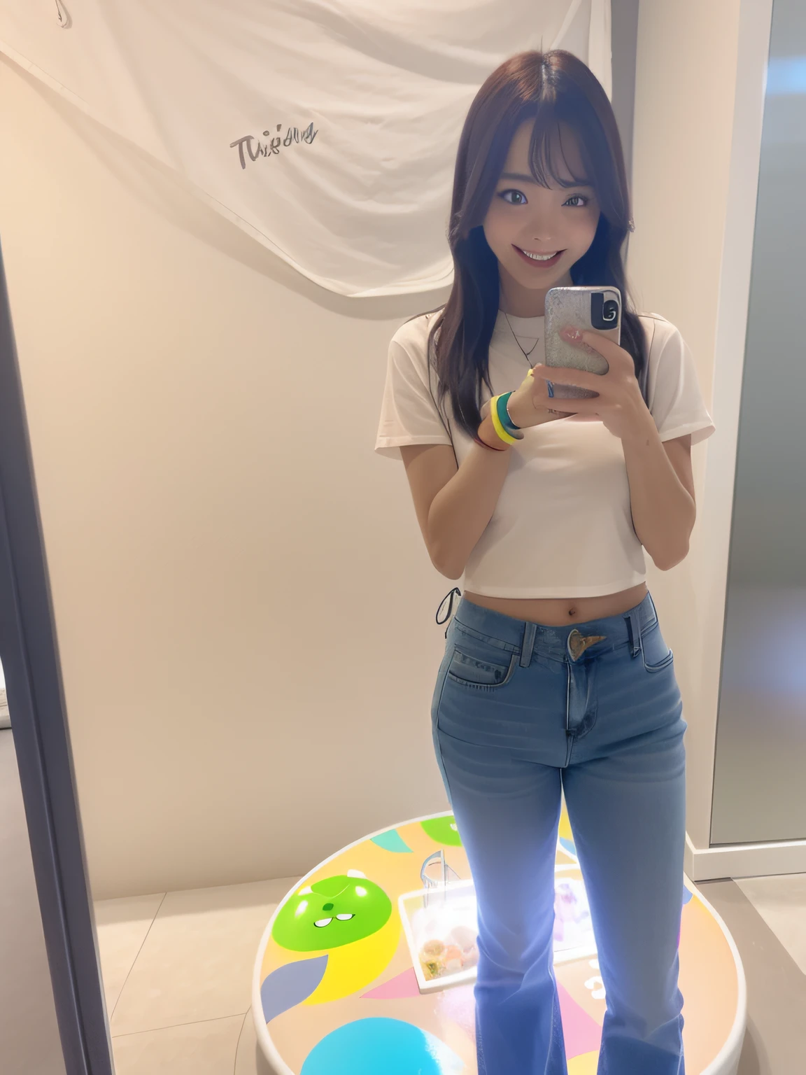 there is a woman that is taking a selfie in a mirror, Thin waist, Big breasts Thin waist, standing in front of a mirror, photo of slim girl, Her navel was exposed, Mirror selfie, kawaii shirt and jeans, skinny waist and thick hips, Slim waist, tzuyu from twice, ( ( ( Wearing jeans ) ) ), ulzzangs, Slim waist